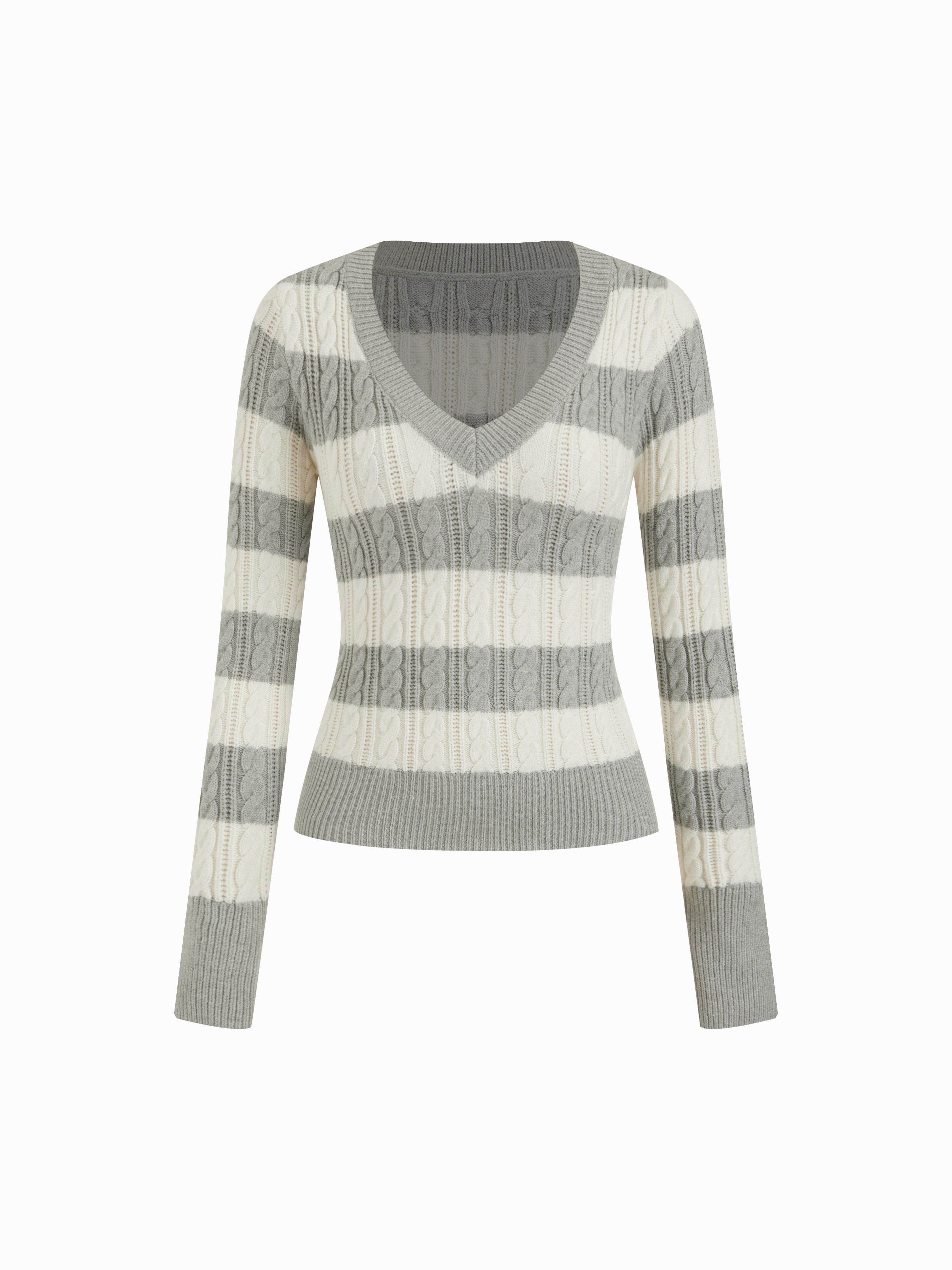 Cable Knit Stripe V-Neck Long Sleeve Top by CIDER