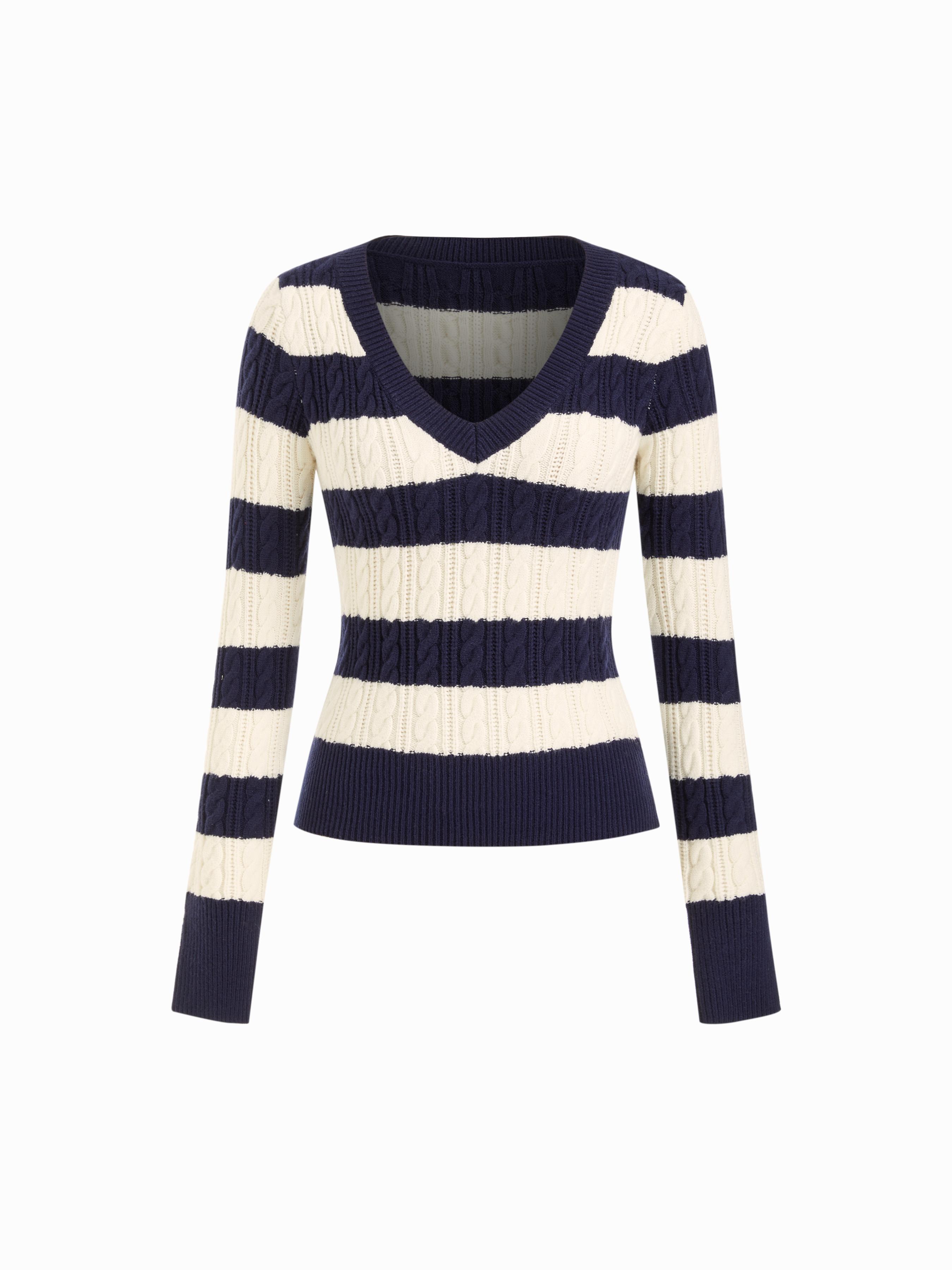 Cable Knit Stripe V-Neck Long Sleeve Top by CIDER