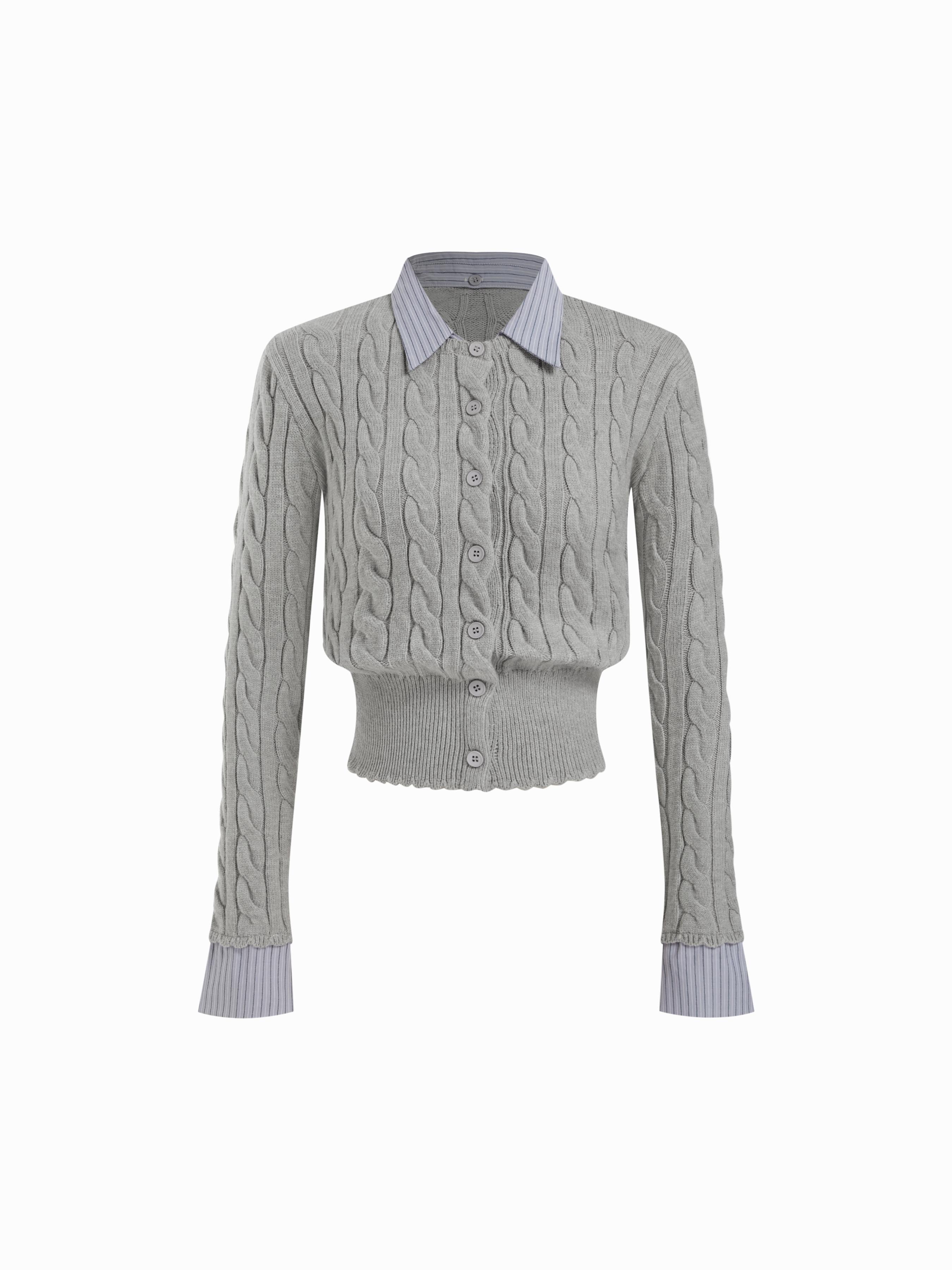Cable Knit Striped Collar Two Tone Cardigan by CIDER
