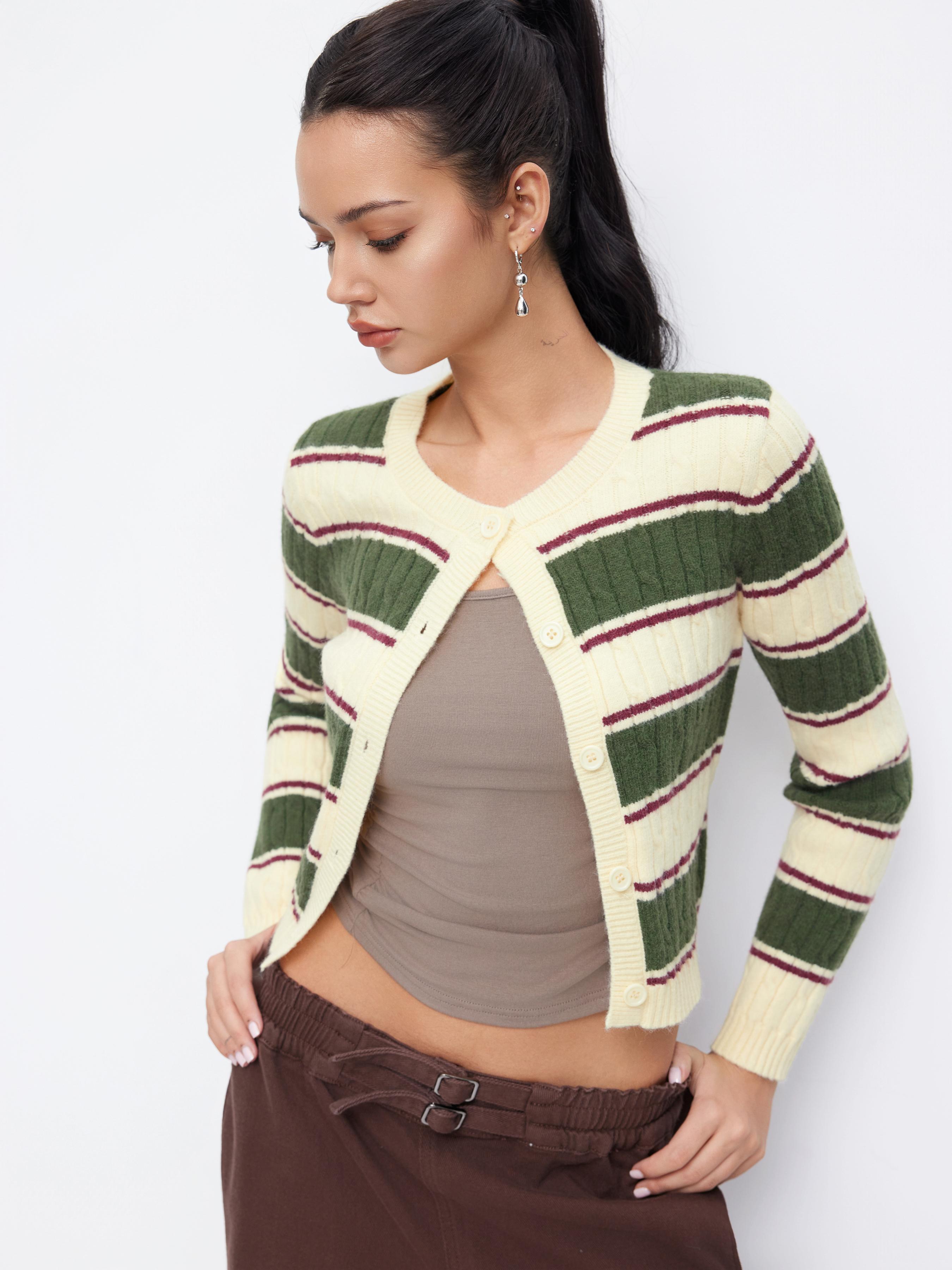 Cable Knit Striped Colorblock Round Neckline Long Sleeve Button Top by CIDER