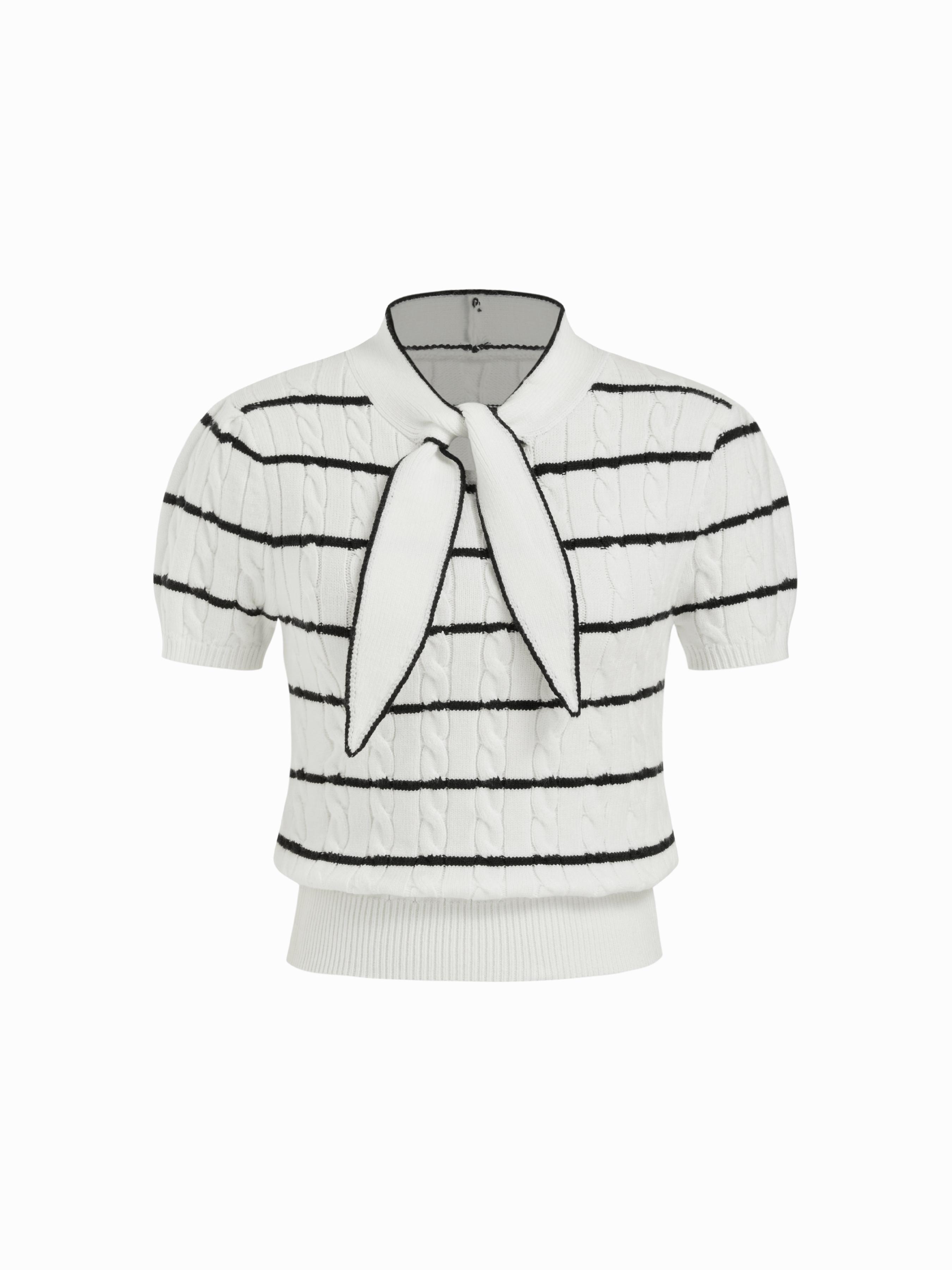 Cable Knit Striped Knotted Short Sleeve Top by CIDER