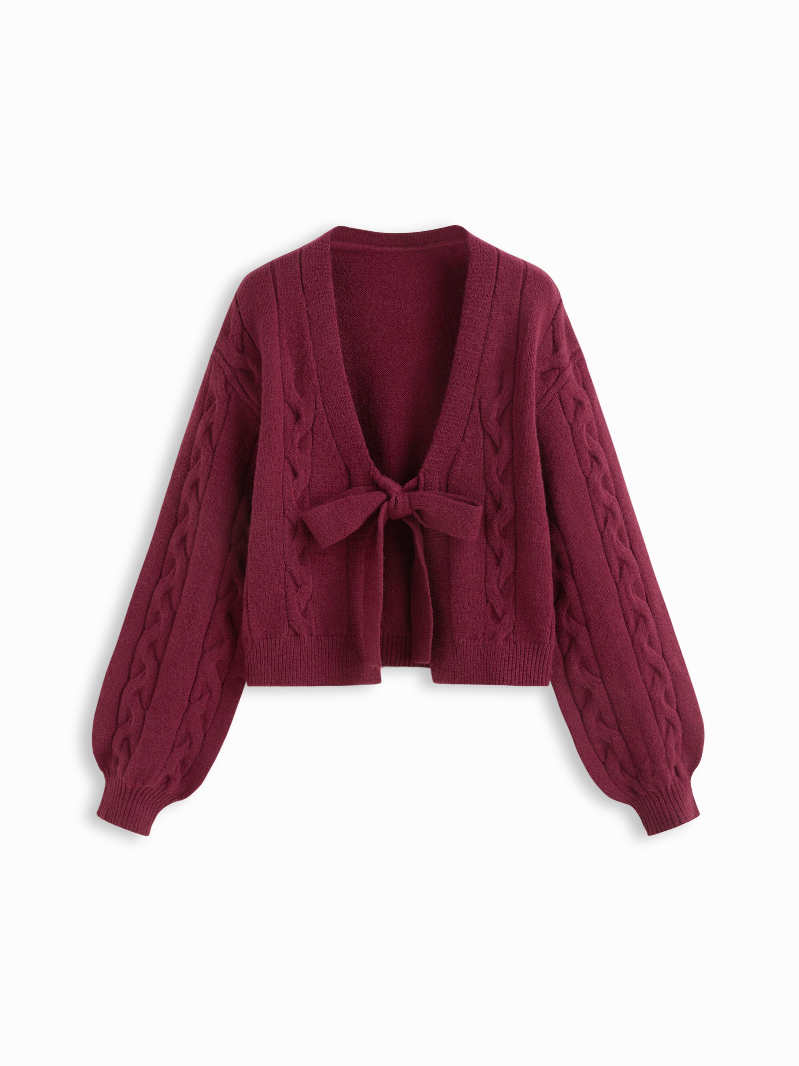 Cable Knit V-neck Knotted Oversized Cardigan by CIDER