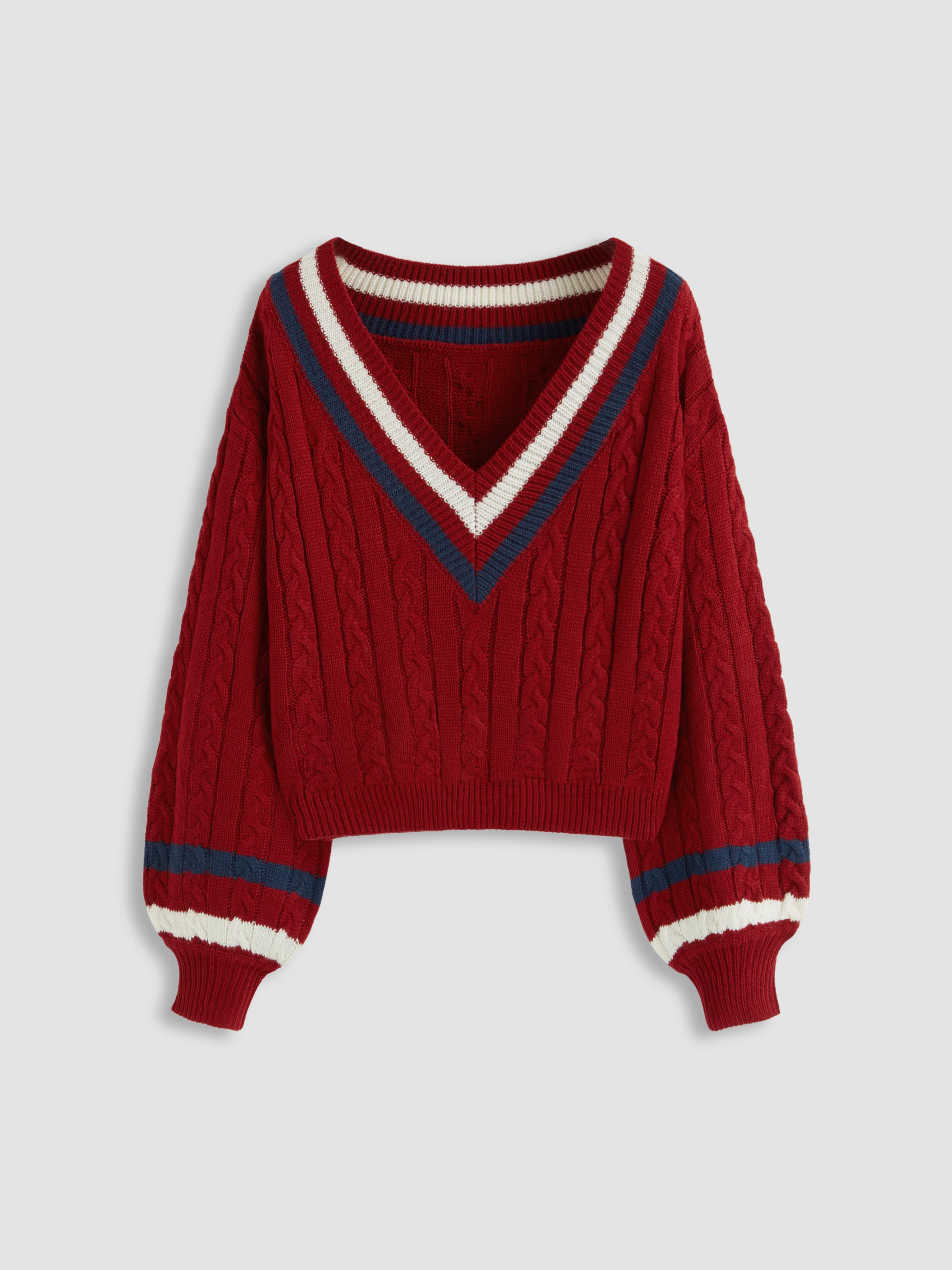 Cable Knit V-neck Solid Contrasting Binding Long Sleeve Top by CIDER