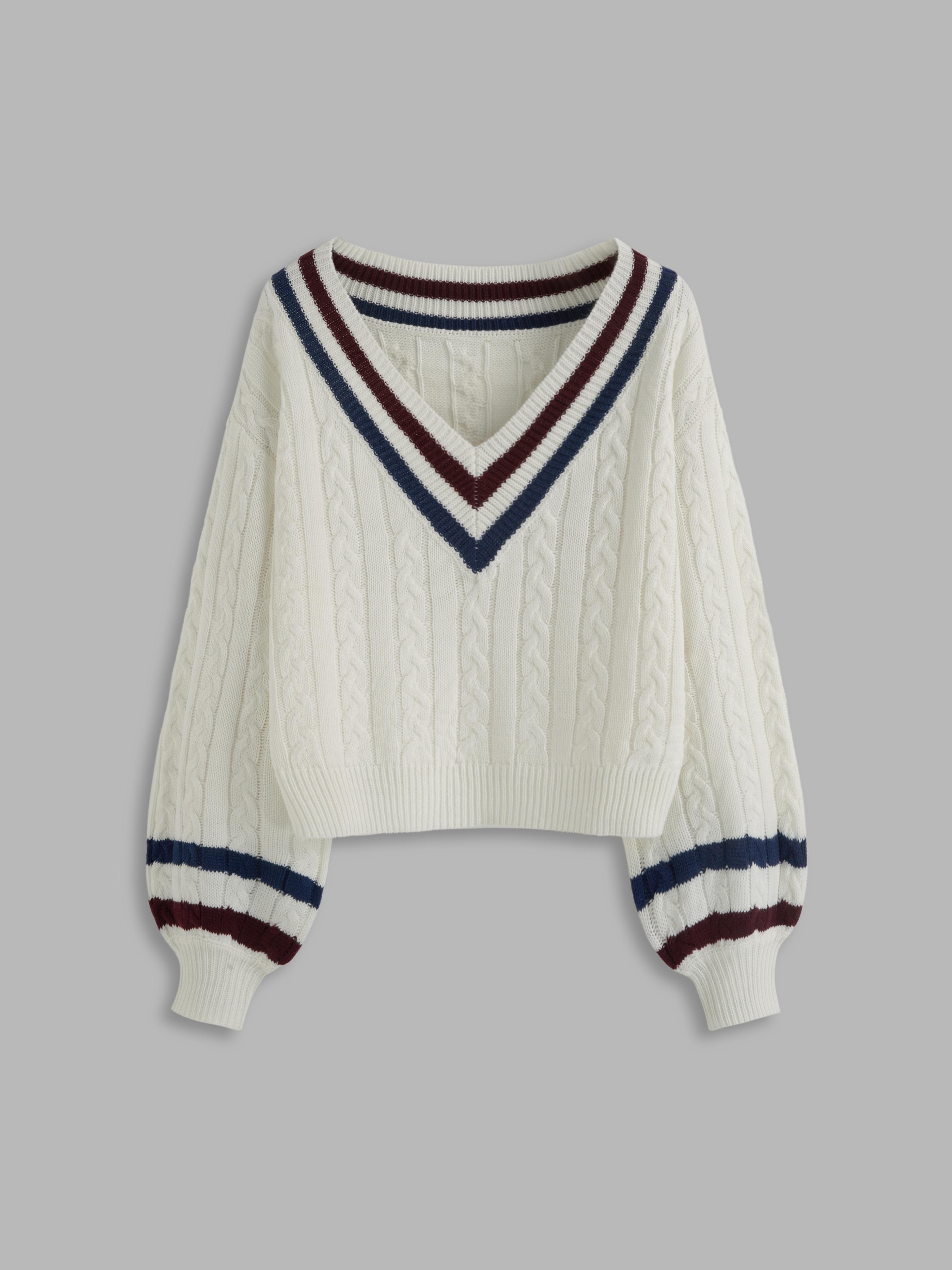Cable Knit V-neck Solid Contrasting Binding Long Sleeve Top by CIDER