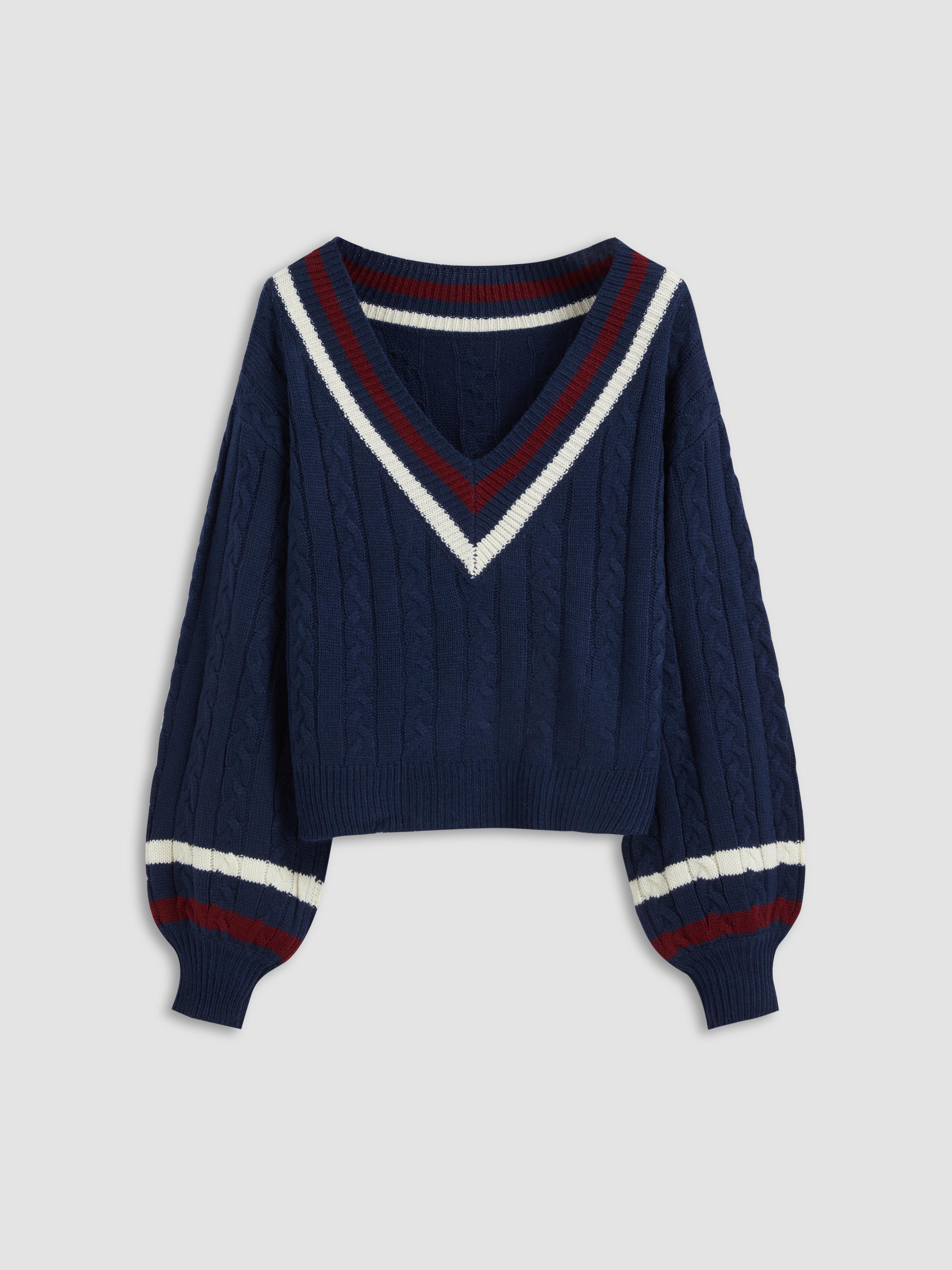 Cable Knit V-neck Solid Contrasting Binding Long Sleeve Top by CIDER