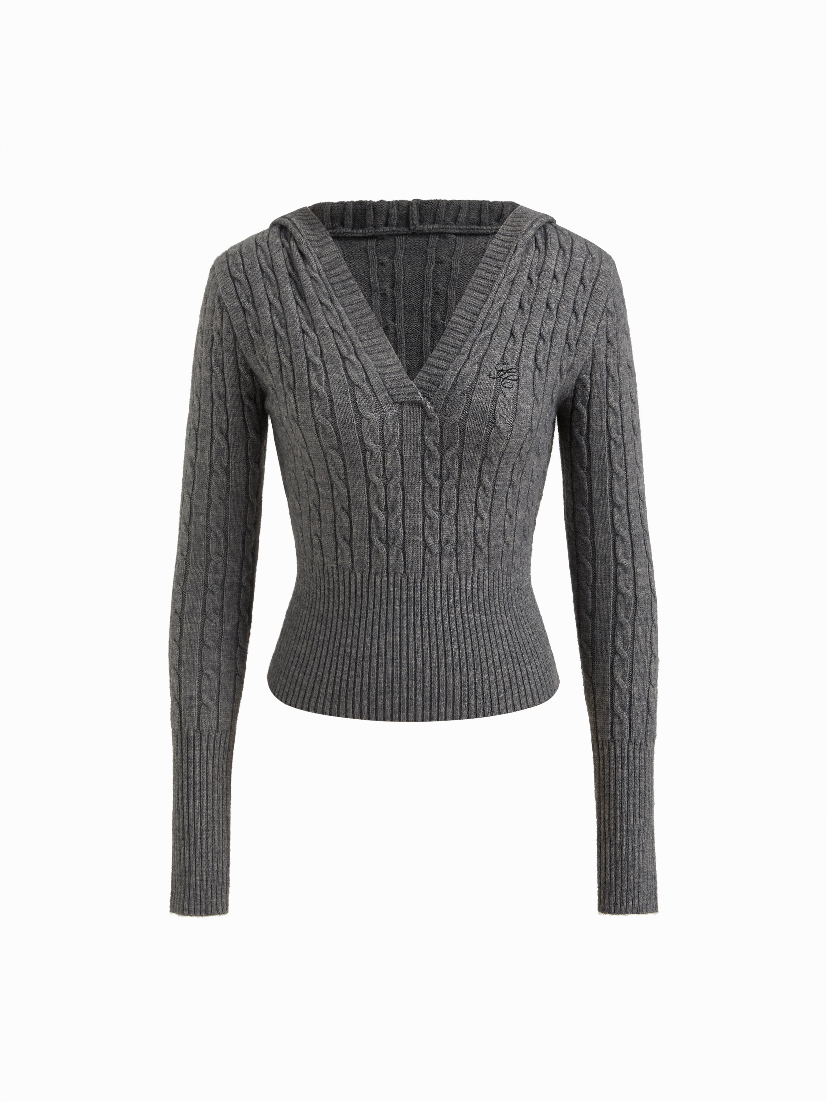 Cable Knit V-neck Solid Hooded Long Sleeve Top by CIDER