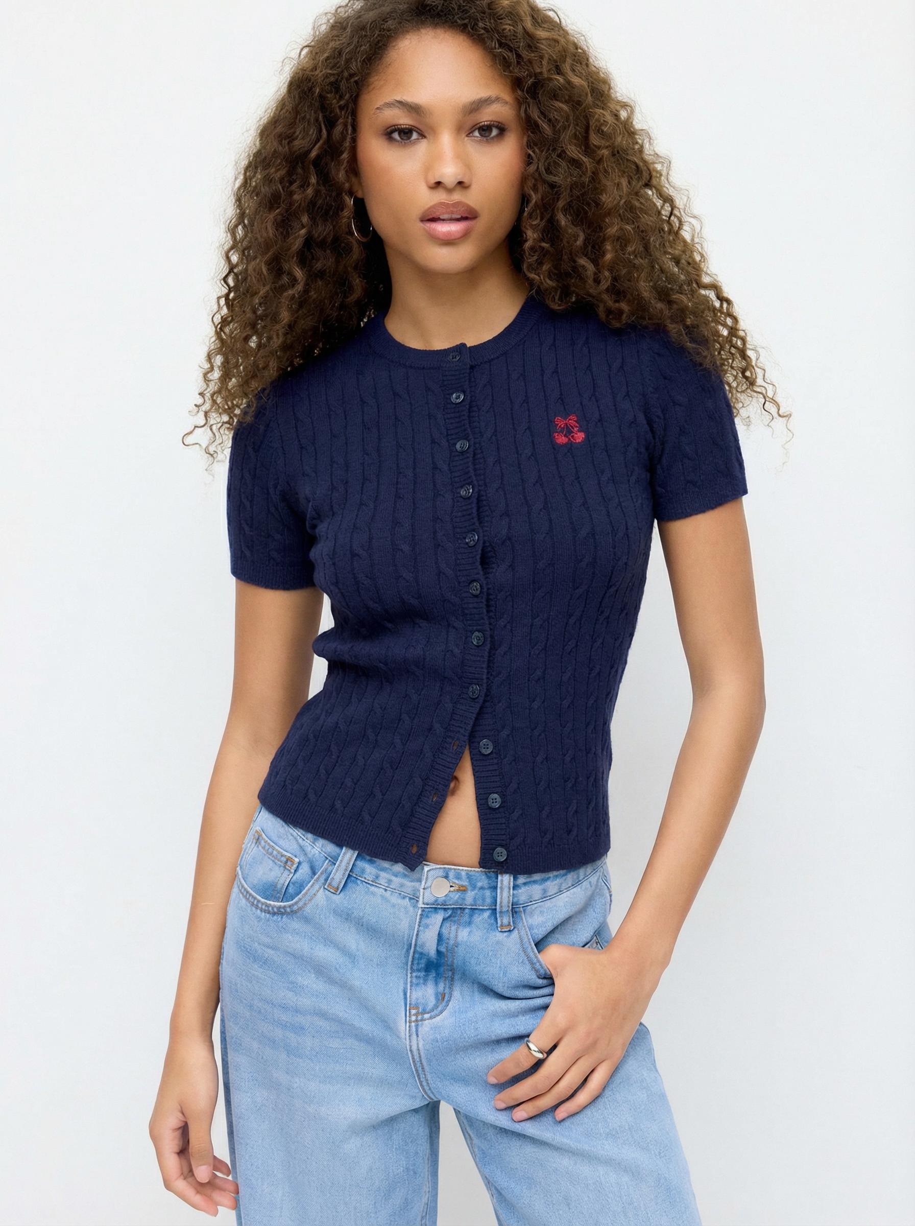 Cable Knit Wool-blend Round Neckline Cherry Embroidery Button Top by CIDER