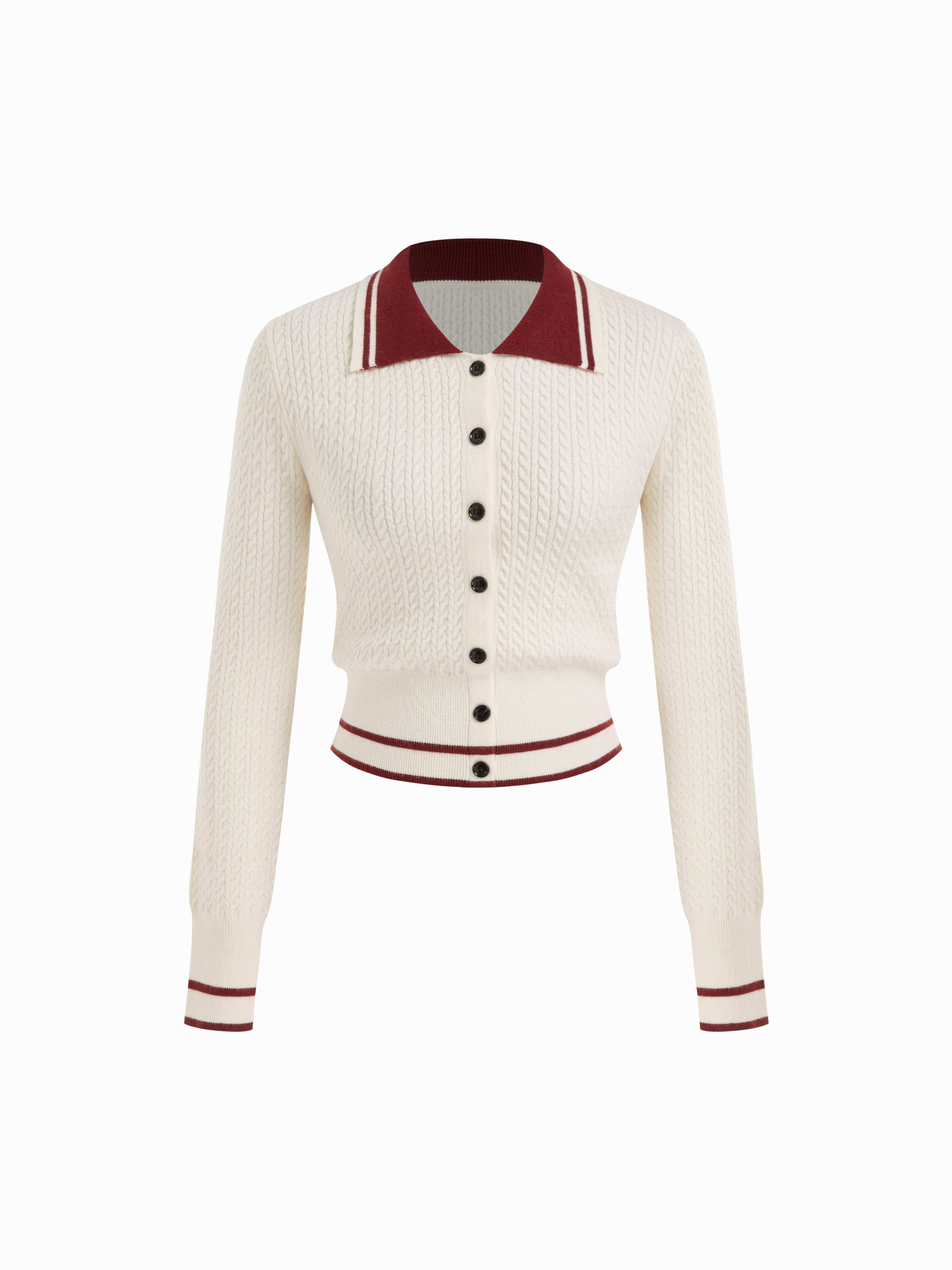 Cable Knit Wool-blend Striped Collar Long Sleeve Button Top by CIDER
