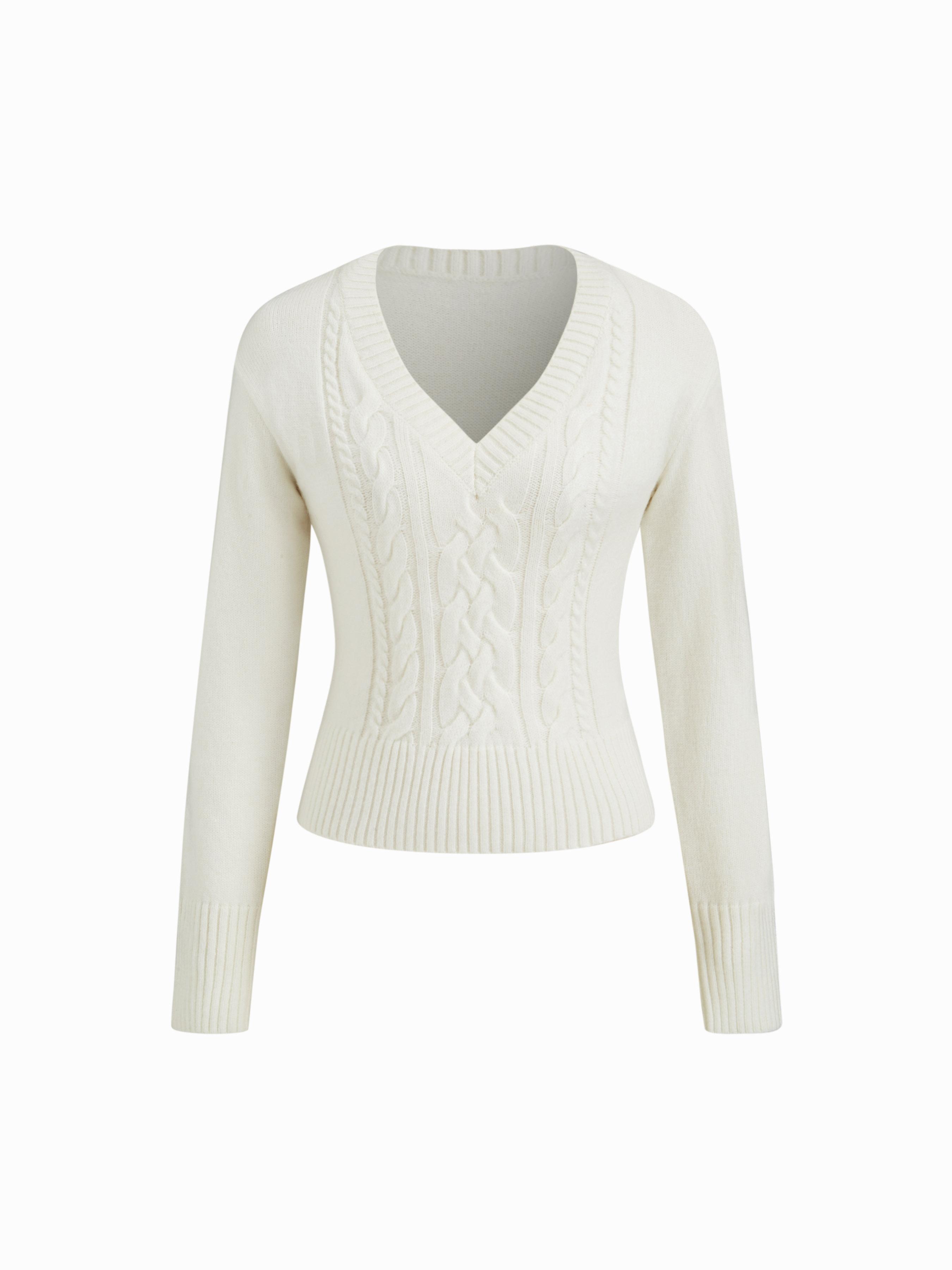 Cable Knit Wool-blend V-neck Long Sleeve Top by CIDER