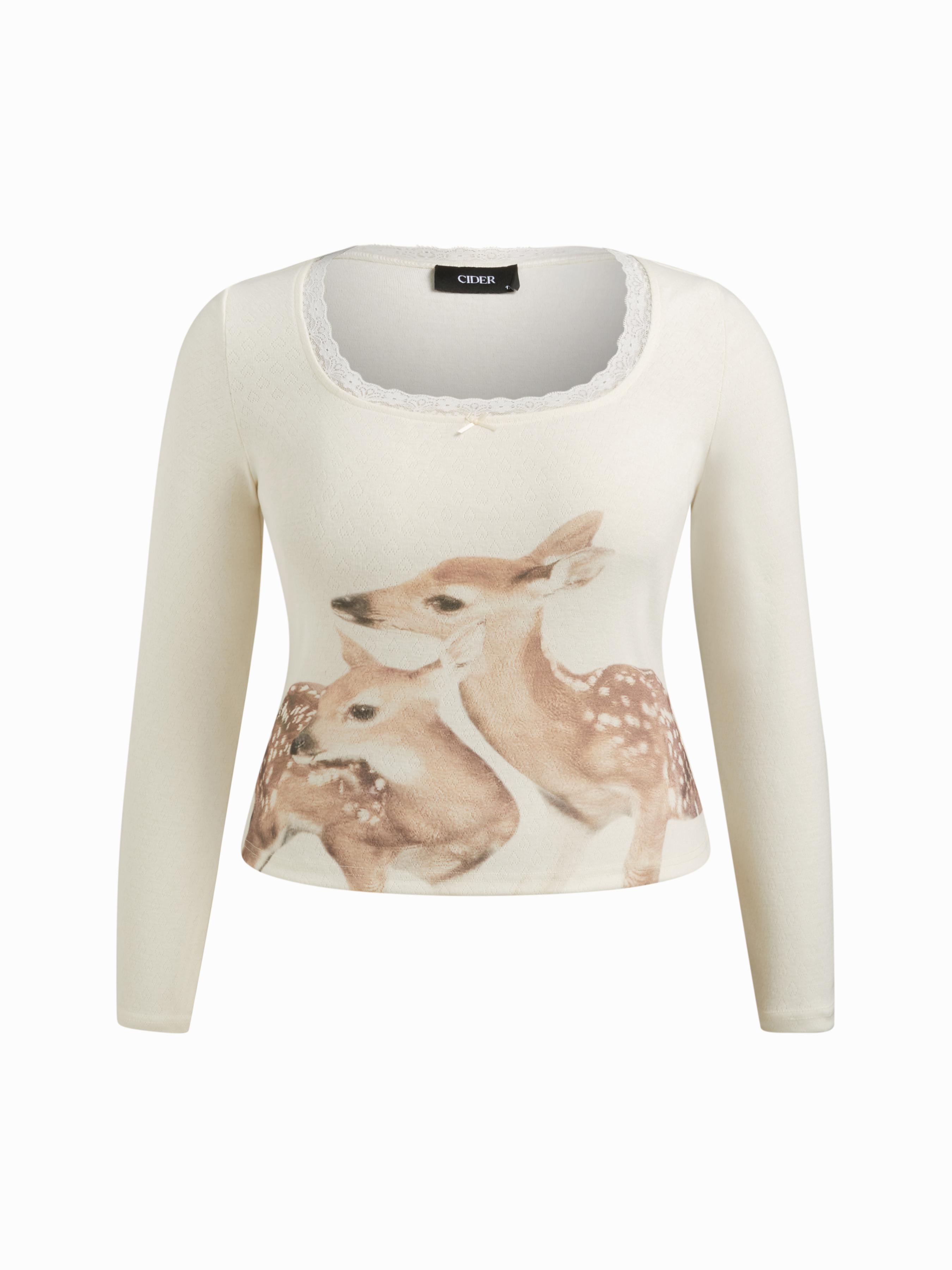 Camiseta con cuello en escote y manga larga, adorno de encaje y lazo, estampa de ciervo. Curvy by CIDER