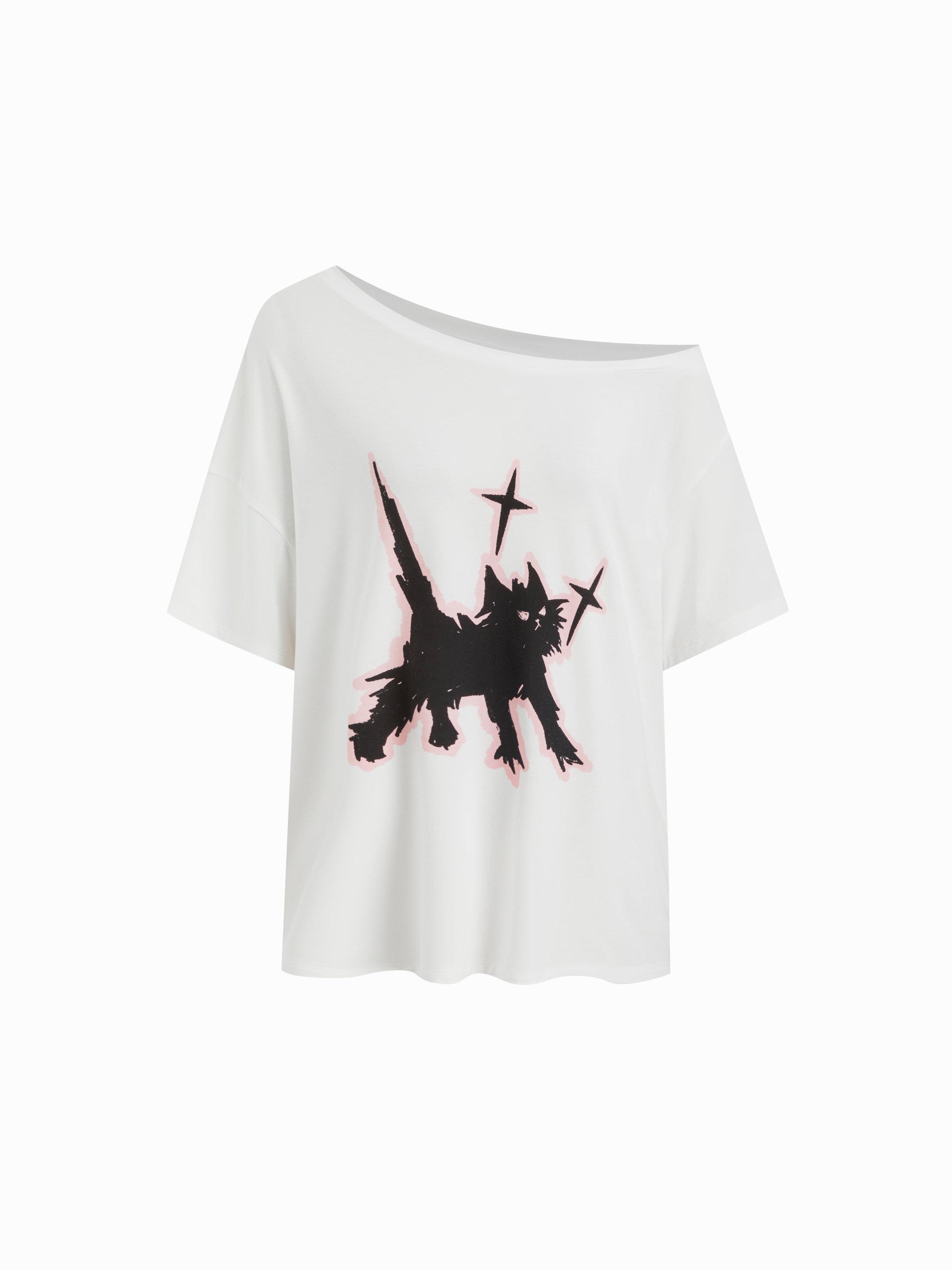 Cat Graphic Asymmetrical Neck Short Sleeve Tee by CIDER