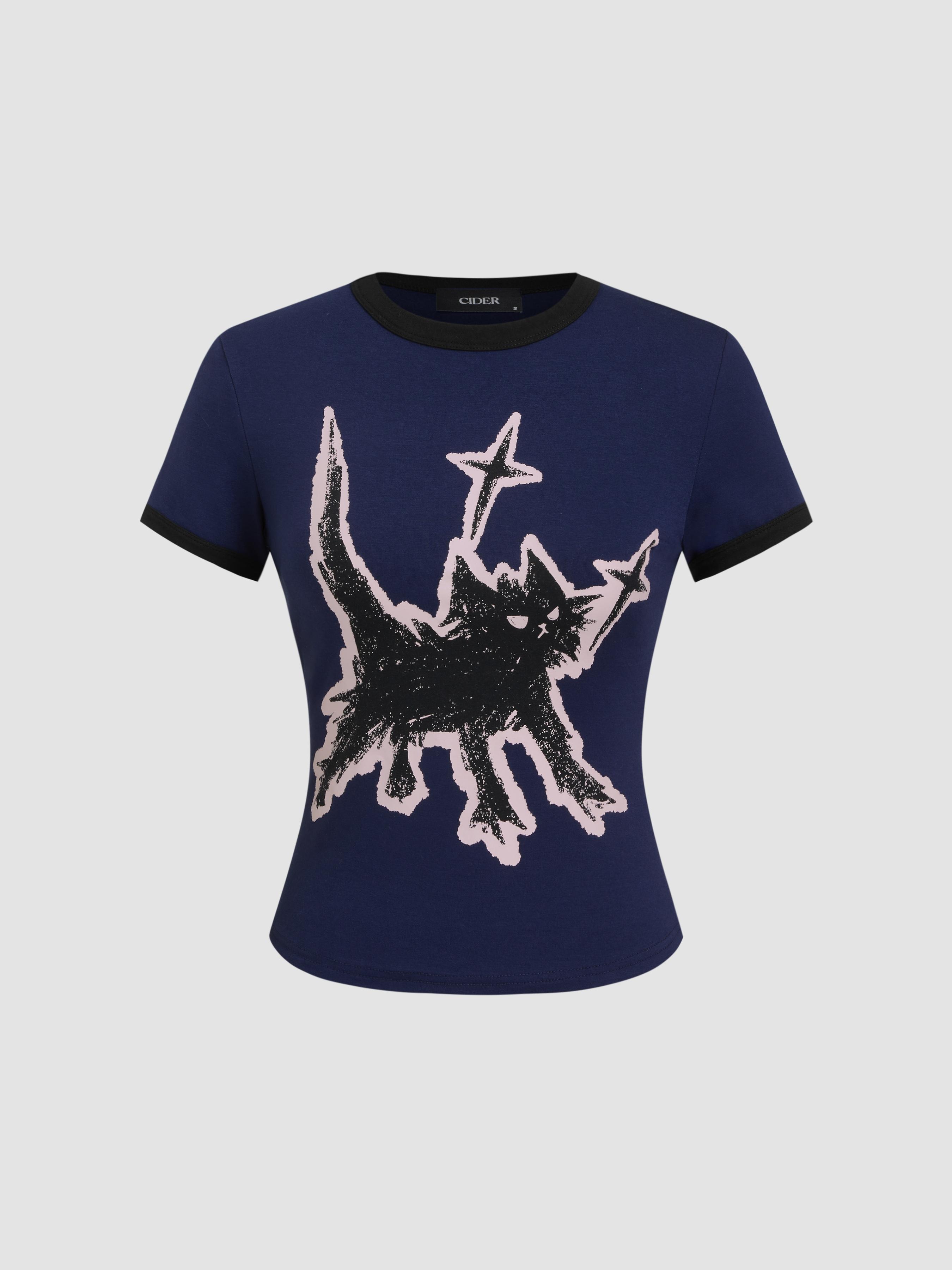 Cat Graphic Round Neckline Short Sleeve Tee by CIDER