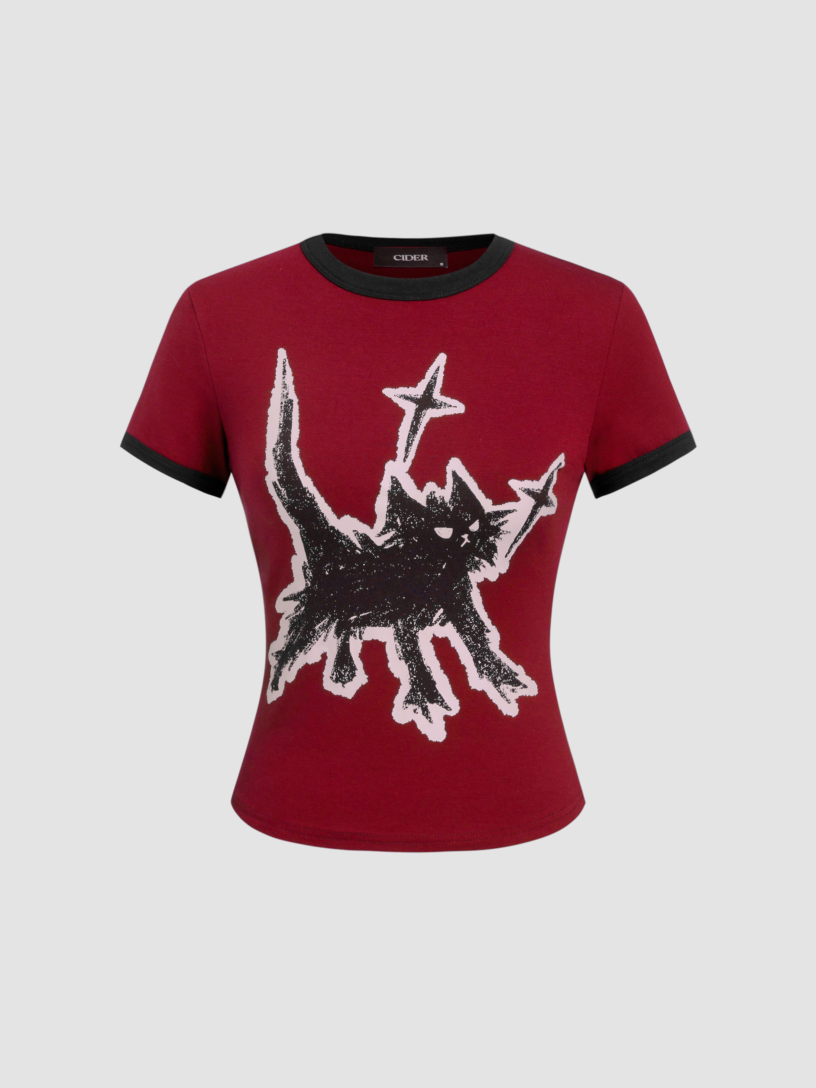 Cat Graphic Round Neckline Short Sleeve Tee by CIDER