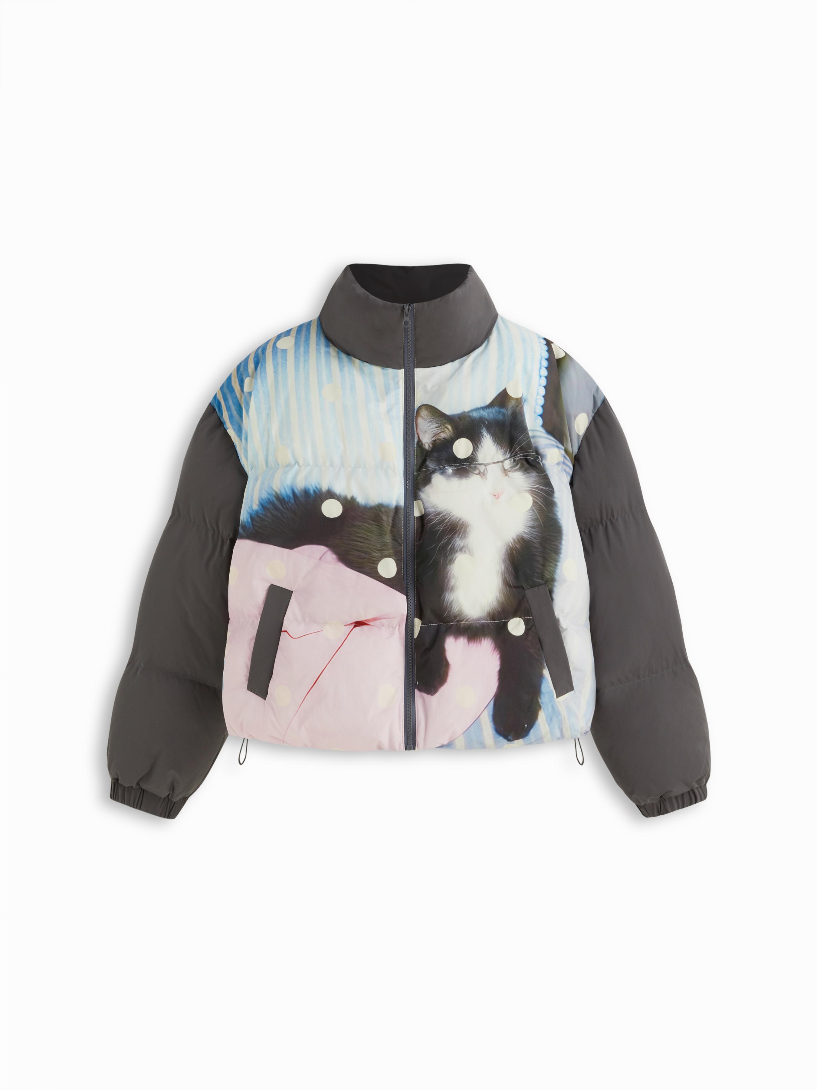 Cat Graphic Stand Collar Polka Dot Drawstring Zip Through Puffer by CIDER