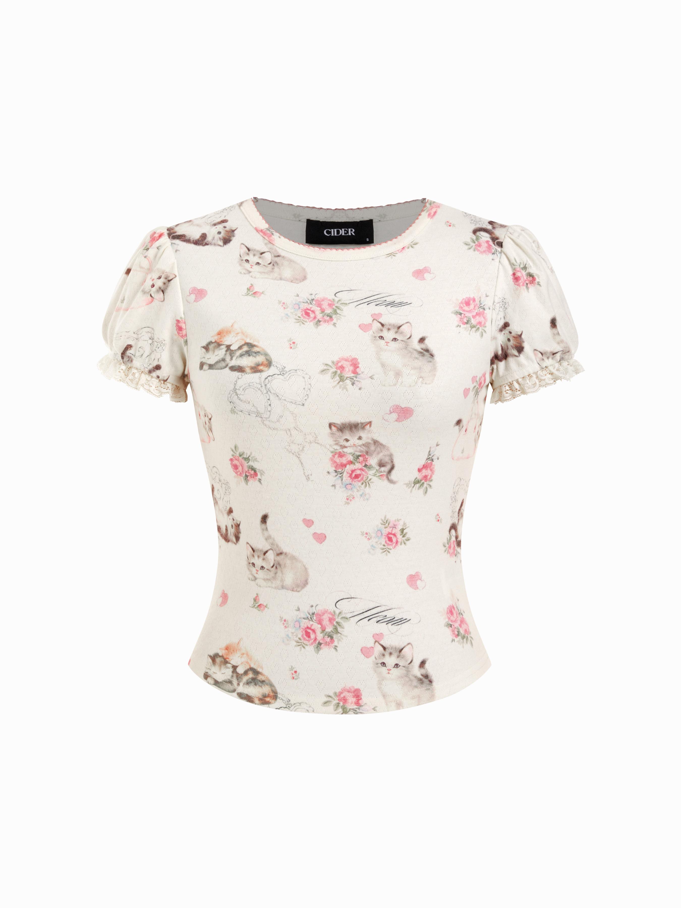 Cat & Floral Graphic Jacquard Puff Sleeve Tee by CIDER