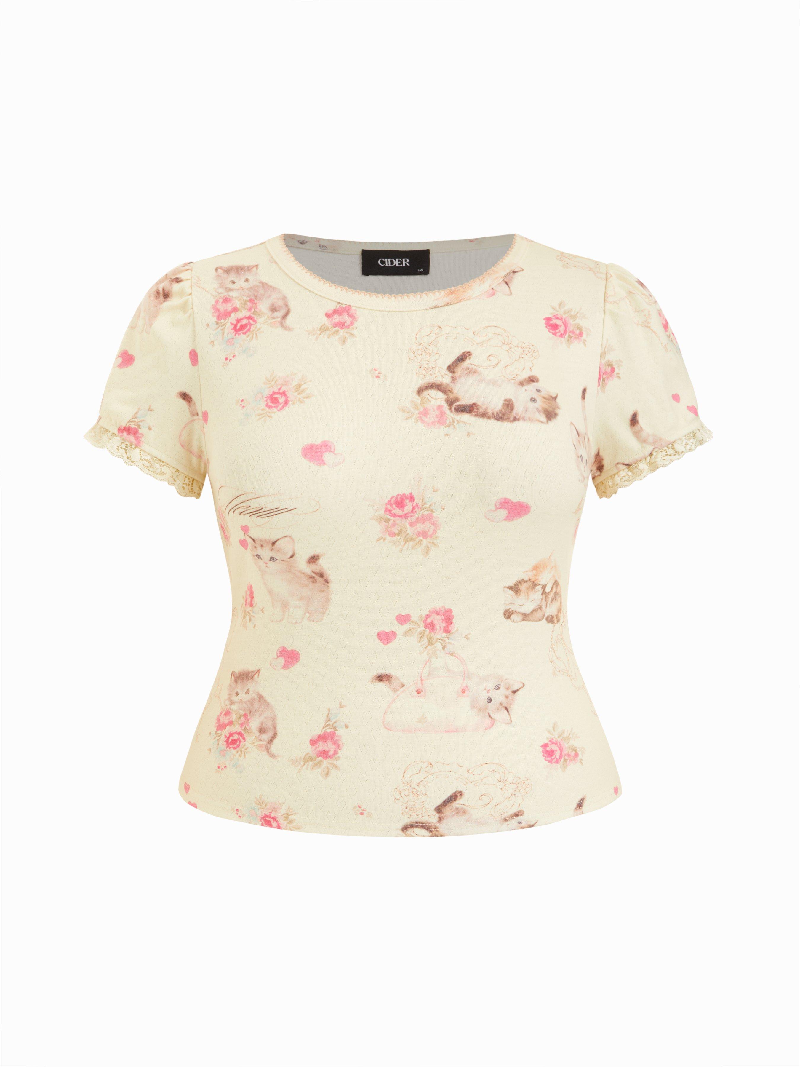 Cat & Floral Graphic Jacquard Puff Sleeve Tee Curve & Plus by CIDER