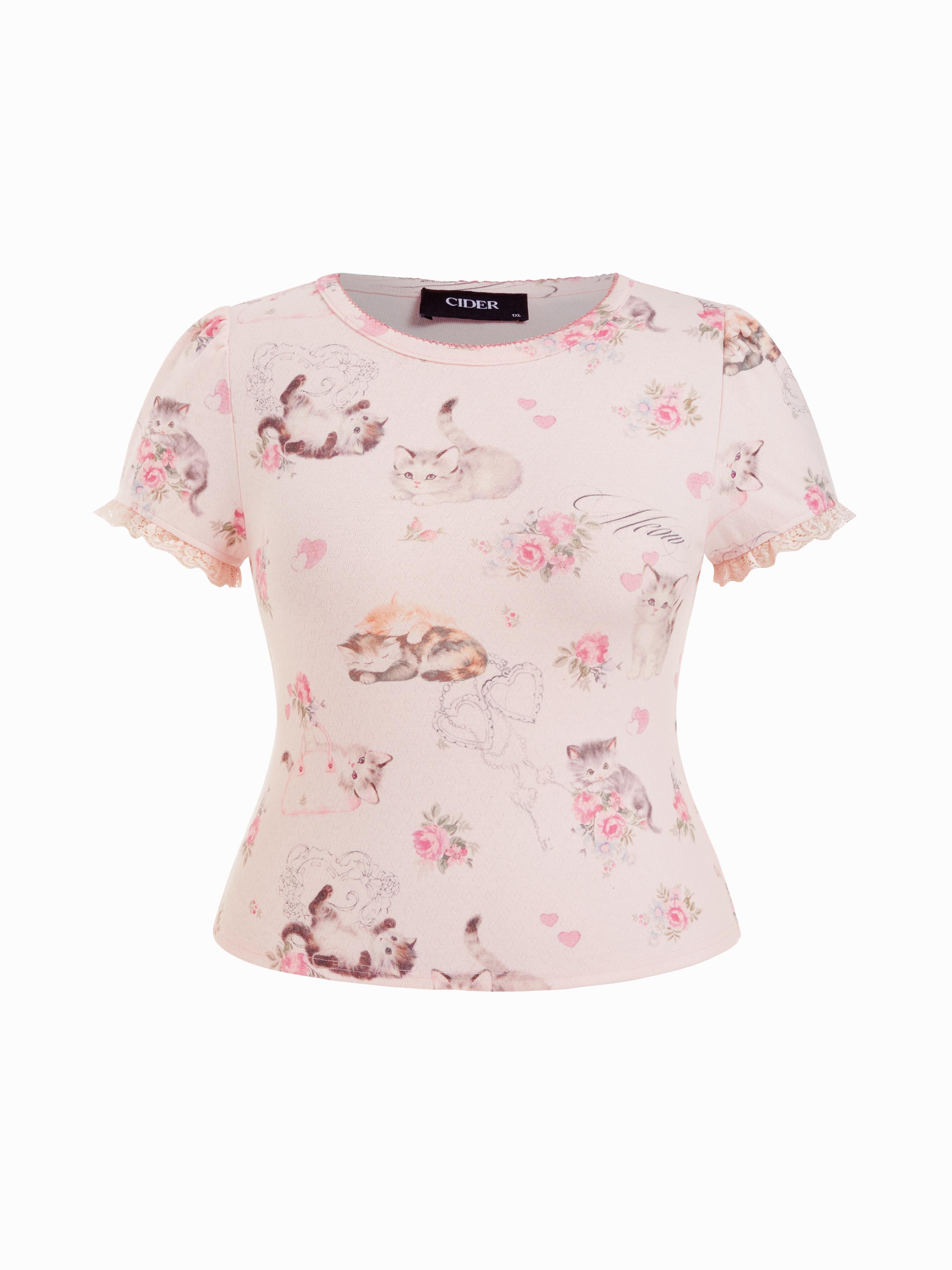 Cat & Floral Graphic Jacquard Puff Sleeve Tee Curve & Plus by CIDER