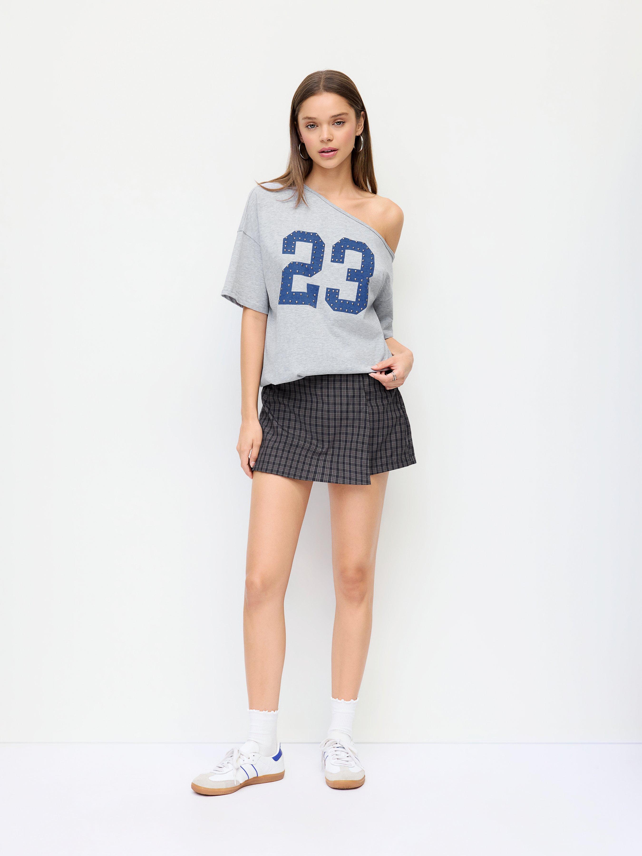 Check Low-Rise Jacquard Asymmetric Mini Skort by CIDER