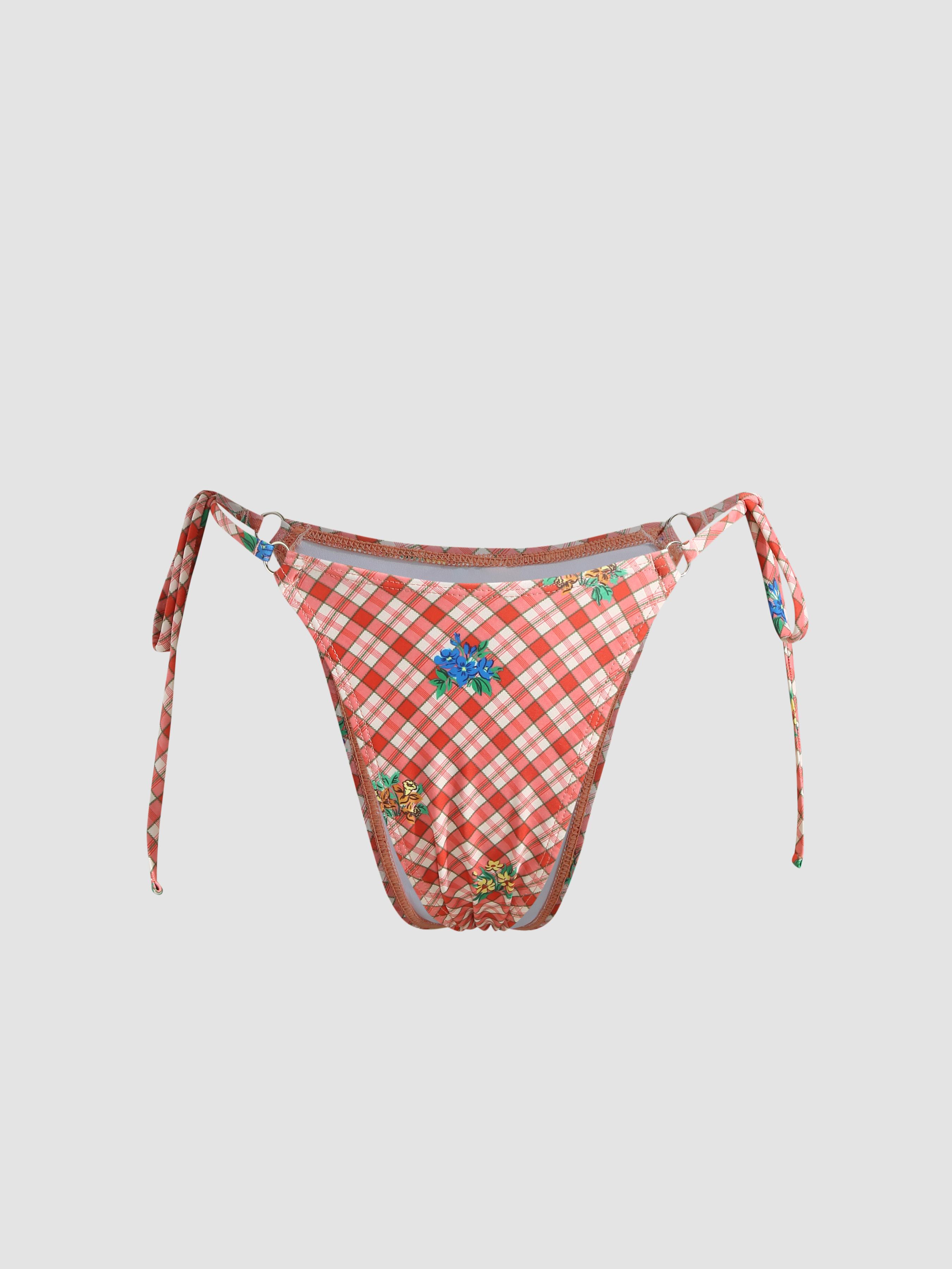 Check & Floral Tie Side Cheeky Bikini Bottom by CIDER