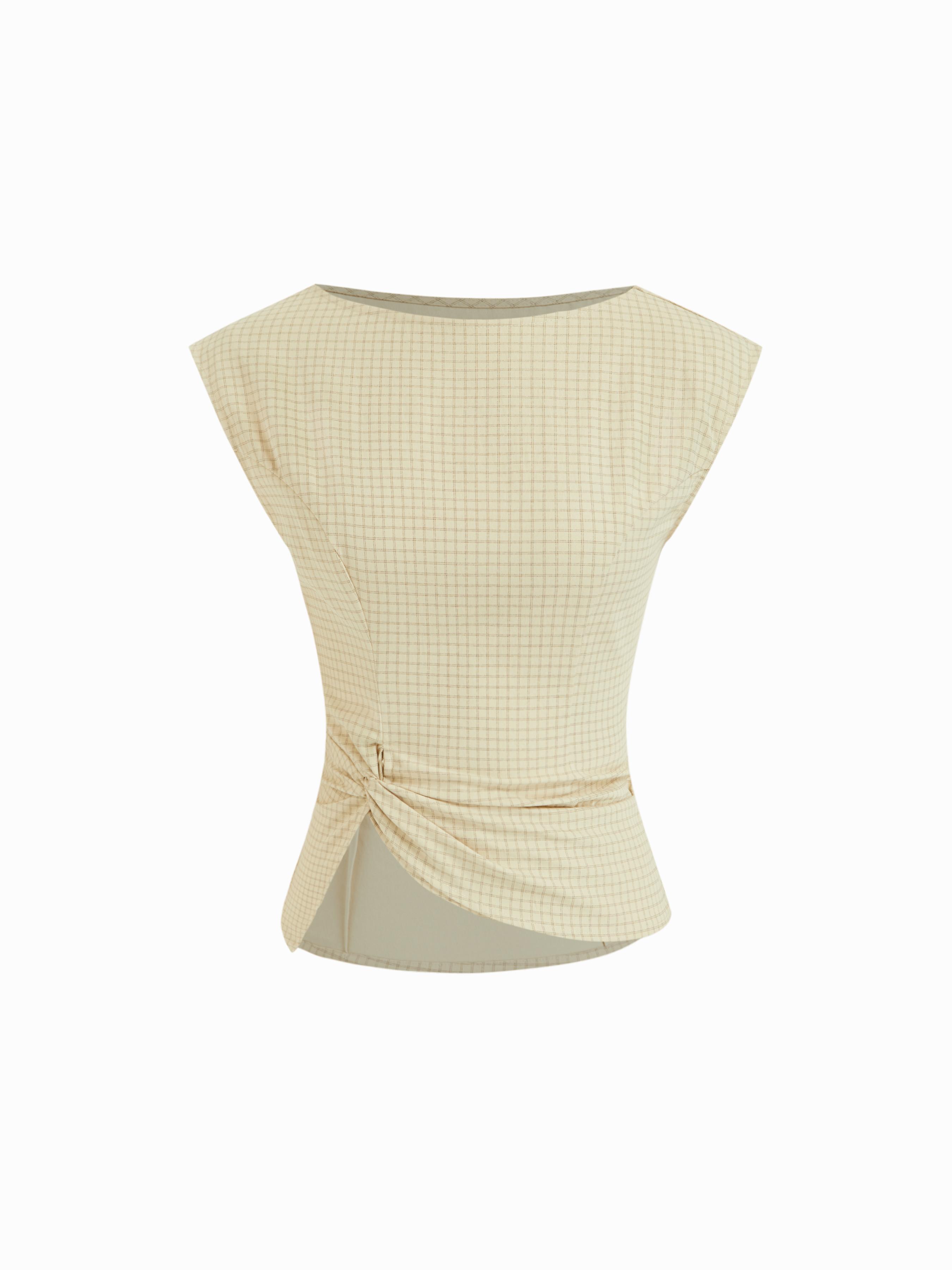 Checks Boat Neck Twist Knotted Blouse by CIDER