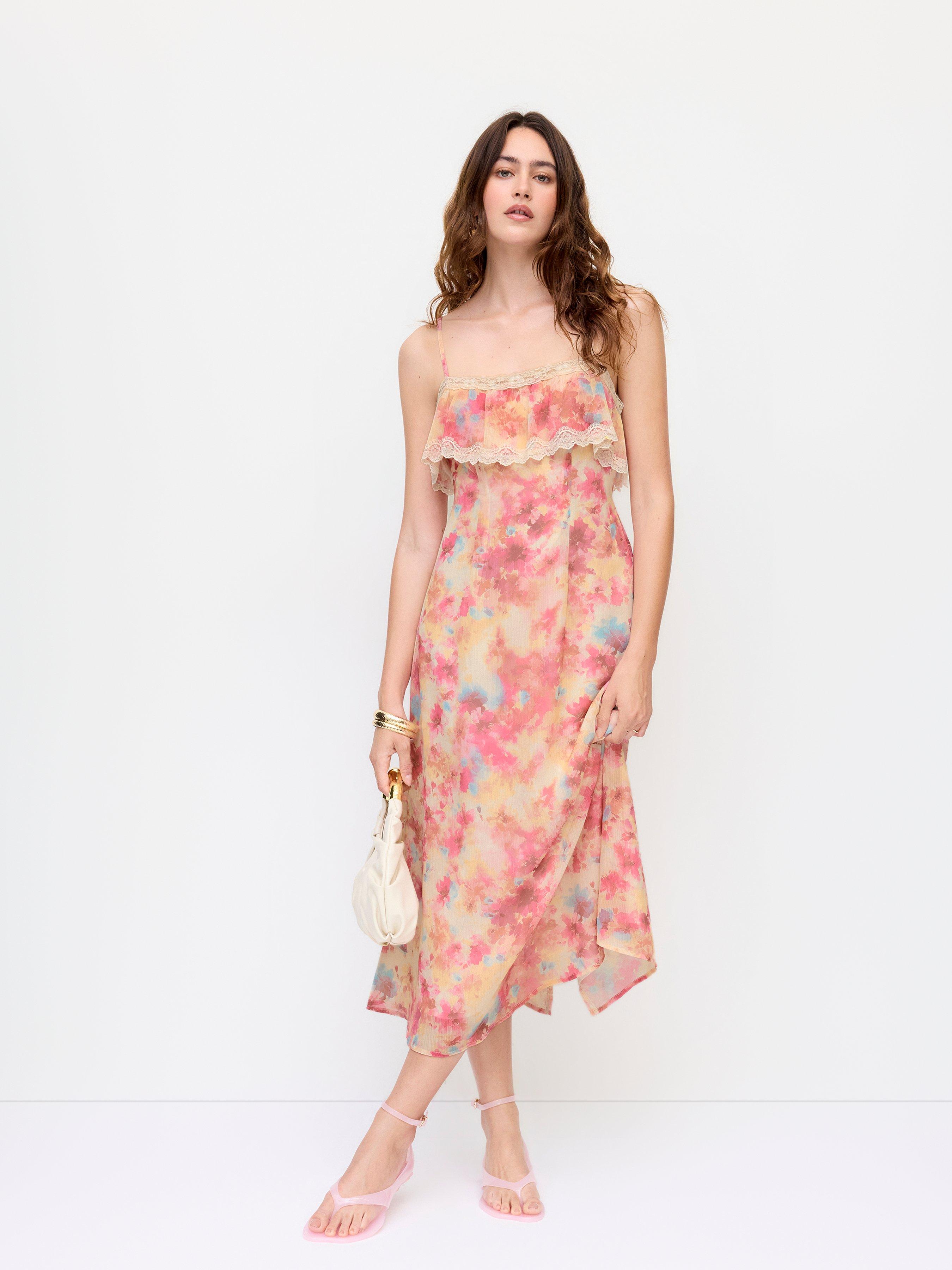 Chiffon Abstract Lace Trim Square Neck A-line Maxi dress by CIDER