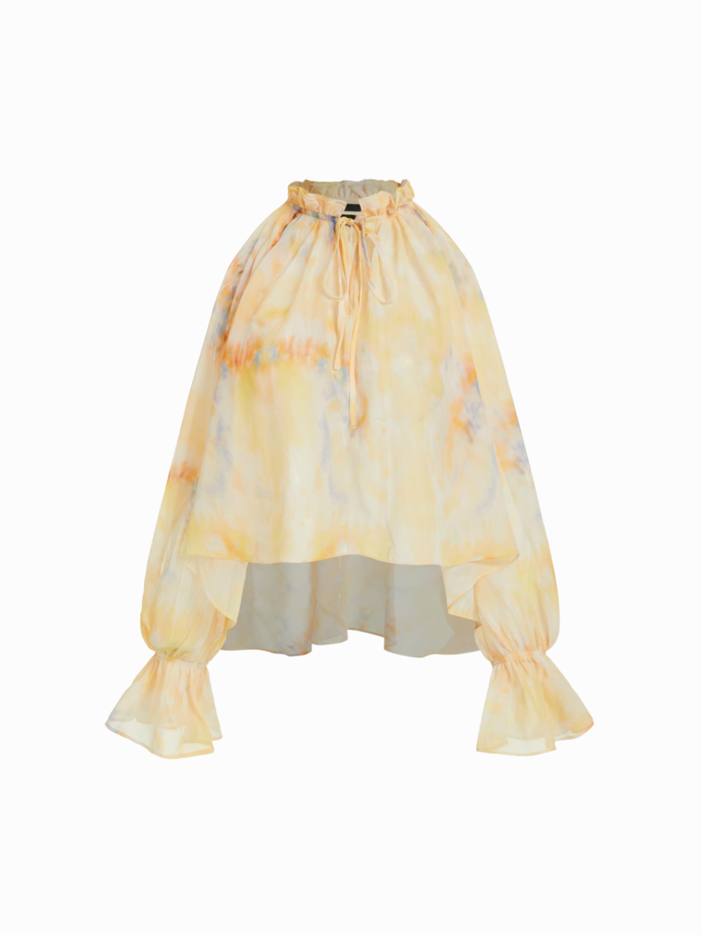 Chiffon Abstract Tie Dye V-Neck Ruffled Raglan Sleeve Oversized Blouse by CIDER