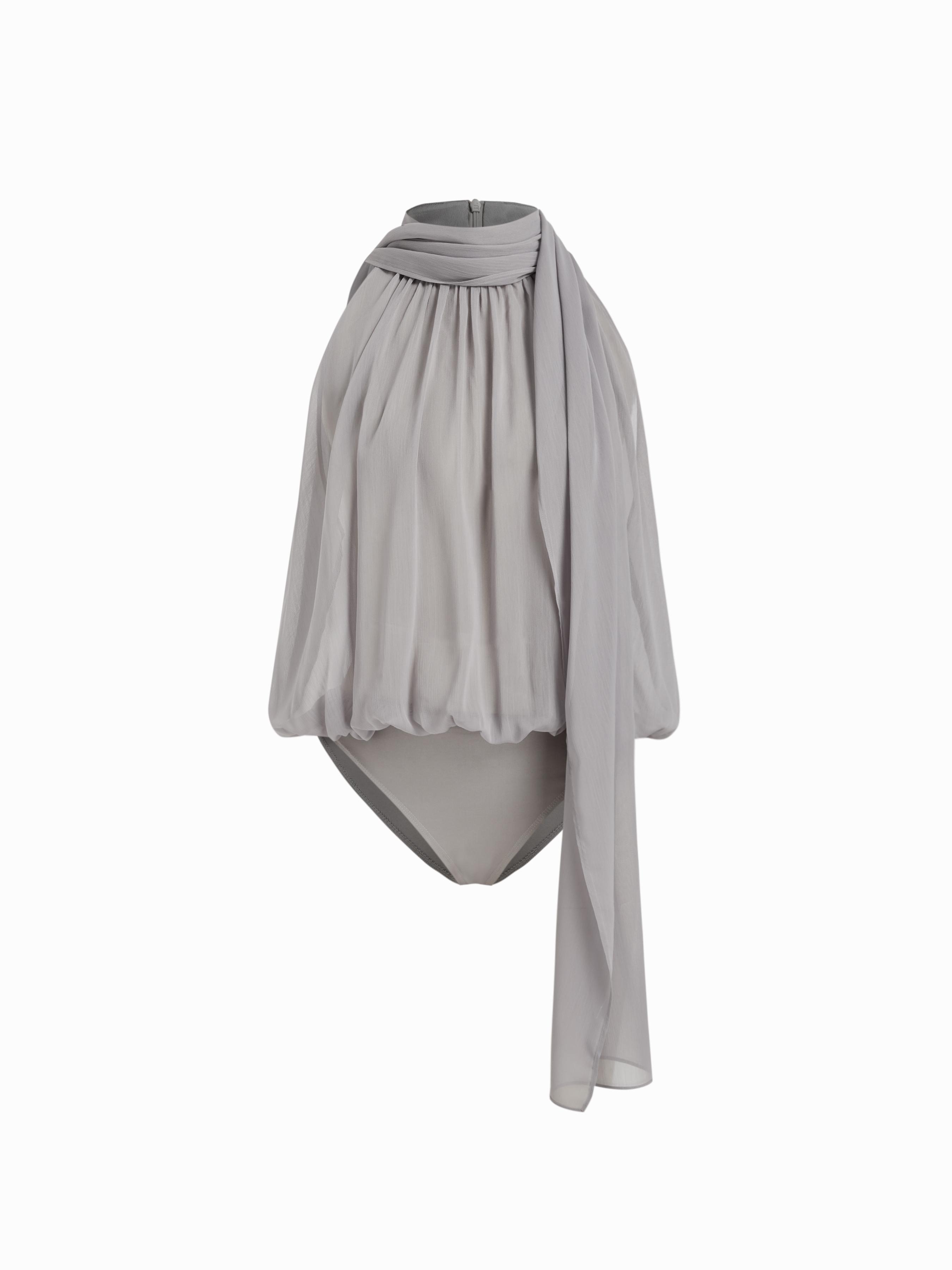 Chiffon Asymmetrical Neck Scarf Detail Sleeveless Bodysuit by CIDER