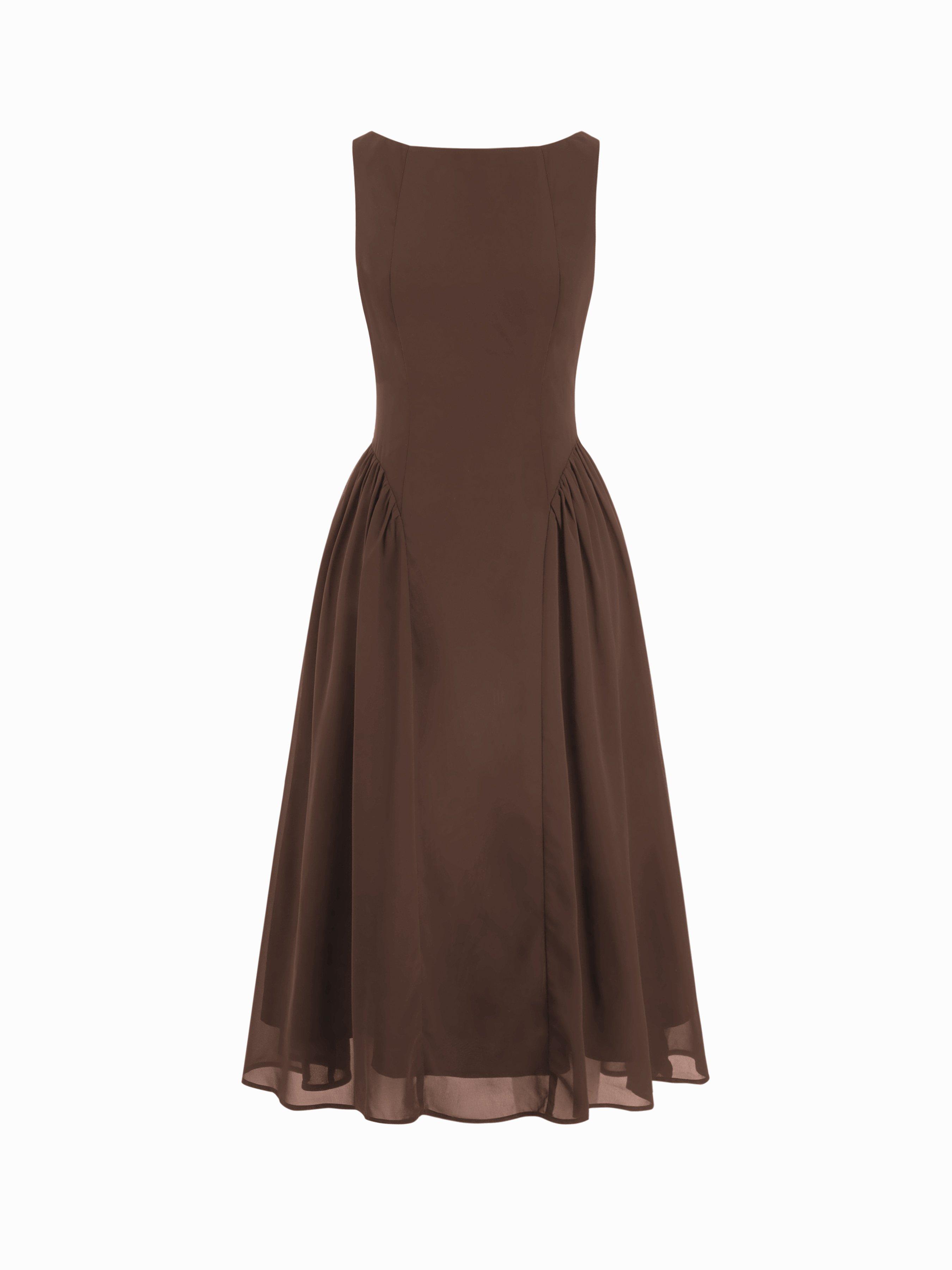 Chiffon Boat Neck Draped A-line Midi Dress by CIDER
