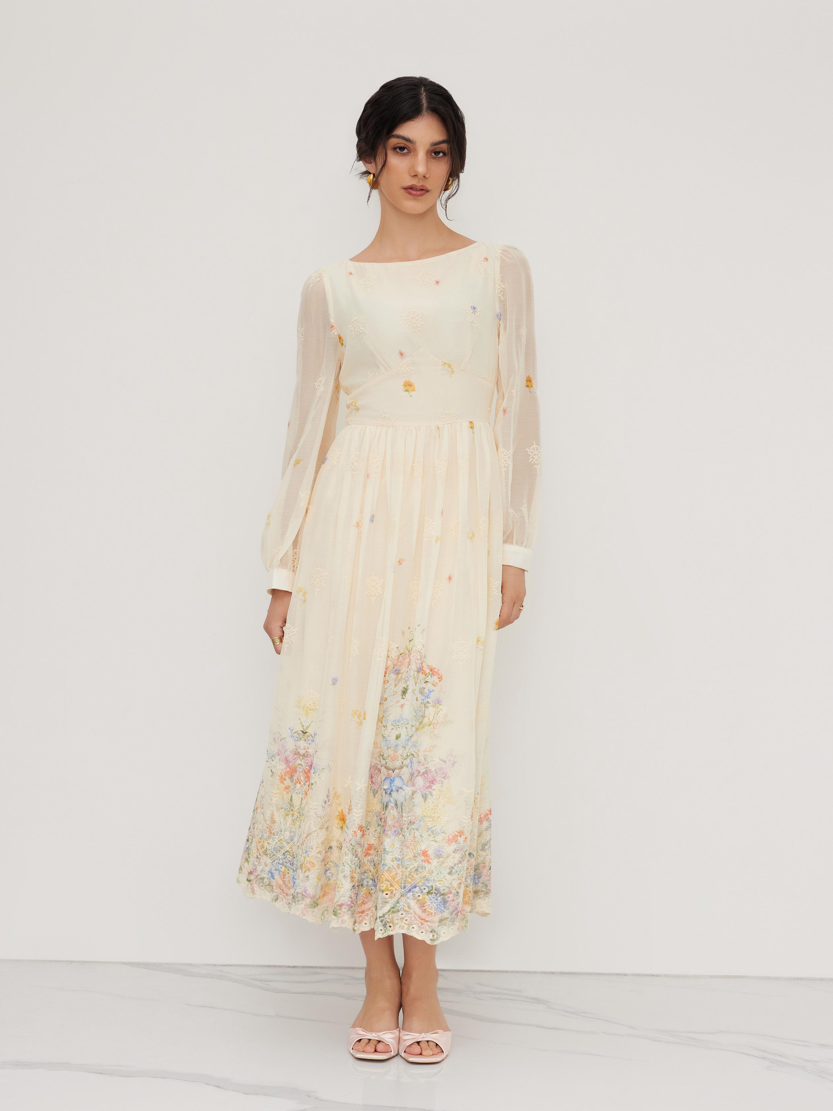 Chiffon Boat Neck Floral Embroidery Ruffle Maxi Dress by CIDER