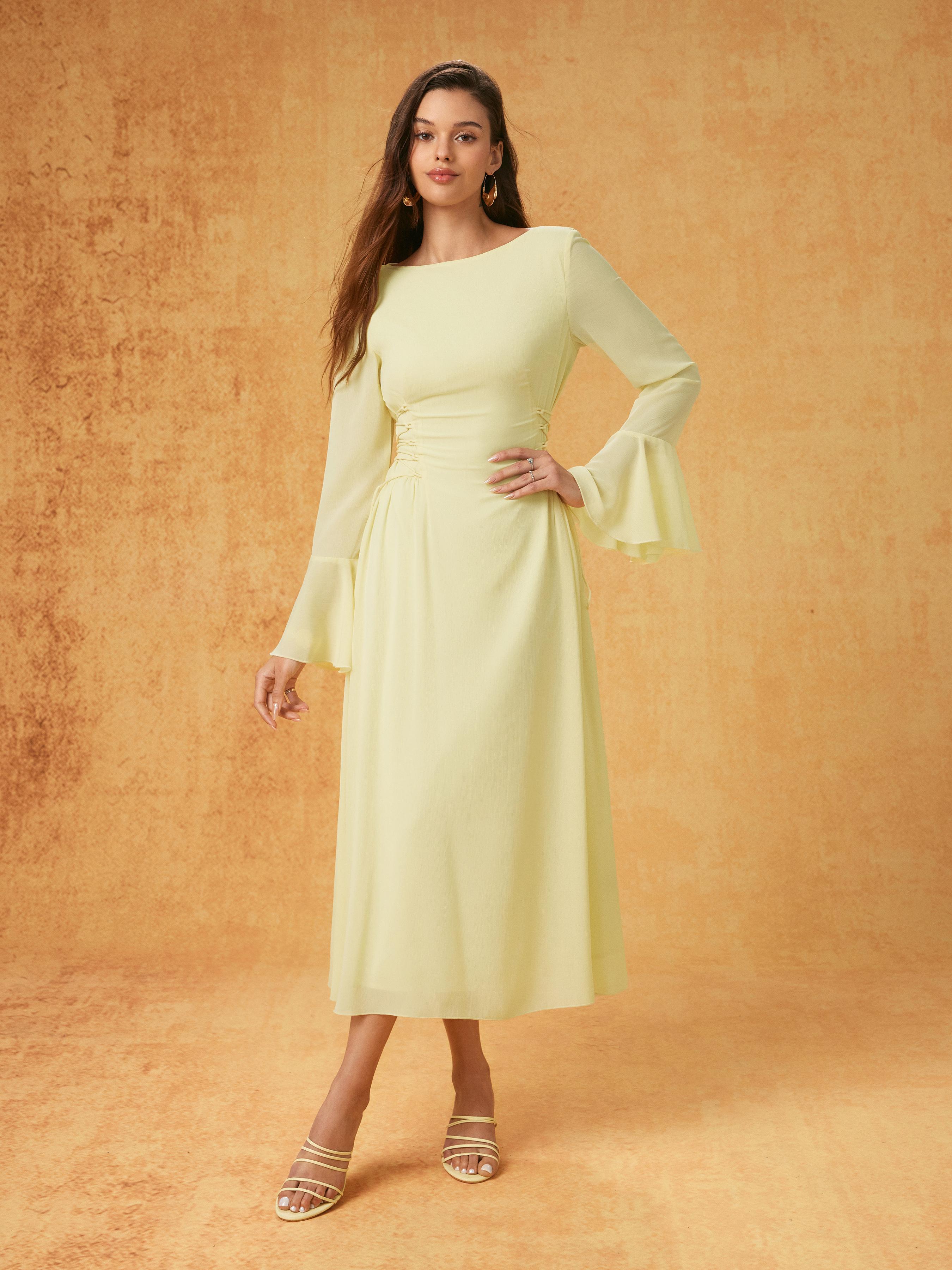 Chiffon Boat Neck Lace Up Ruffle Sleeve Flared Maxi Dress by undefined