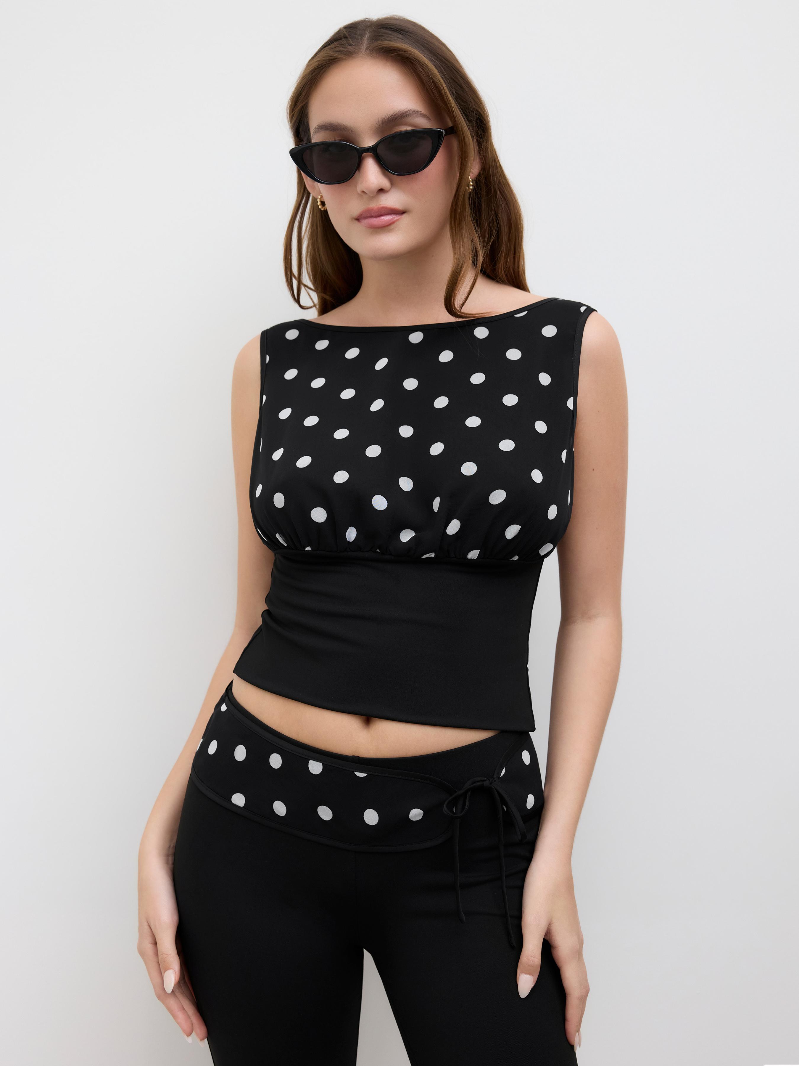 Chiffon Boat Neck Polka Dot Lace Up Tank Top by CIDER
