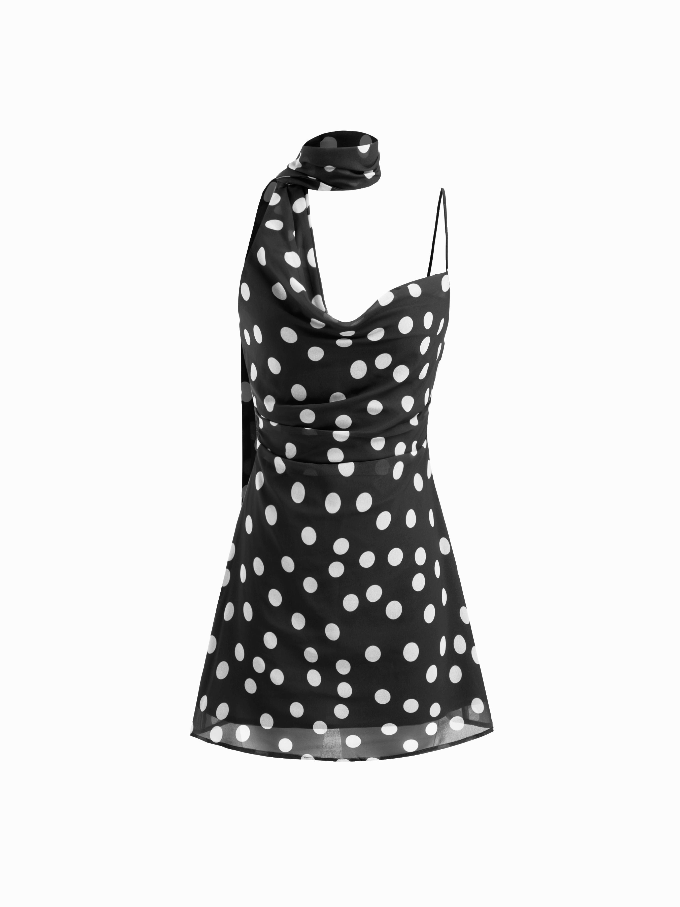 Chiffon Cowl Neck Polka Dot Ruched Mini Cami Dress With Scarf by CIDER