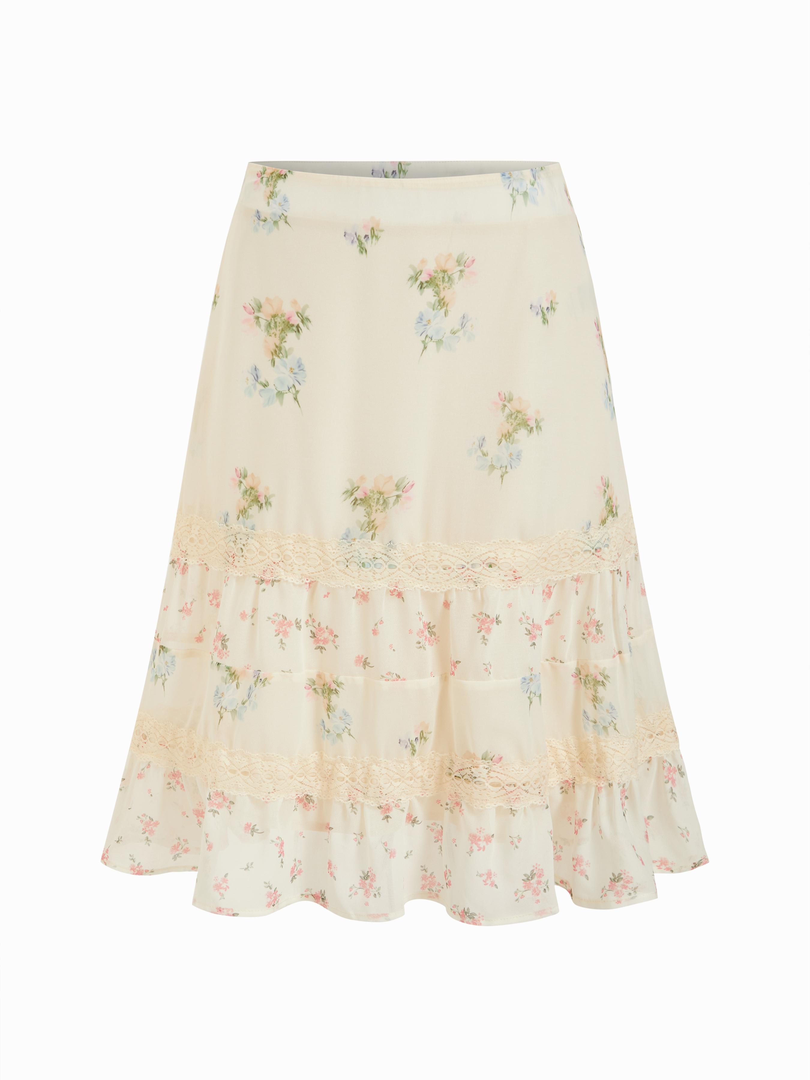 Chiffon Ditsy Floral Low Rise Tiered Lace Trim Midi Skirt by CIDER