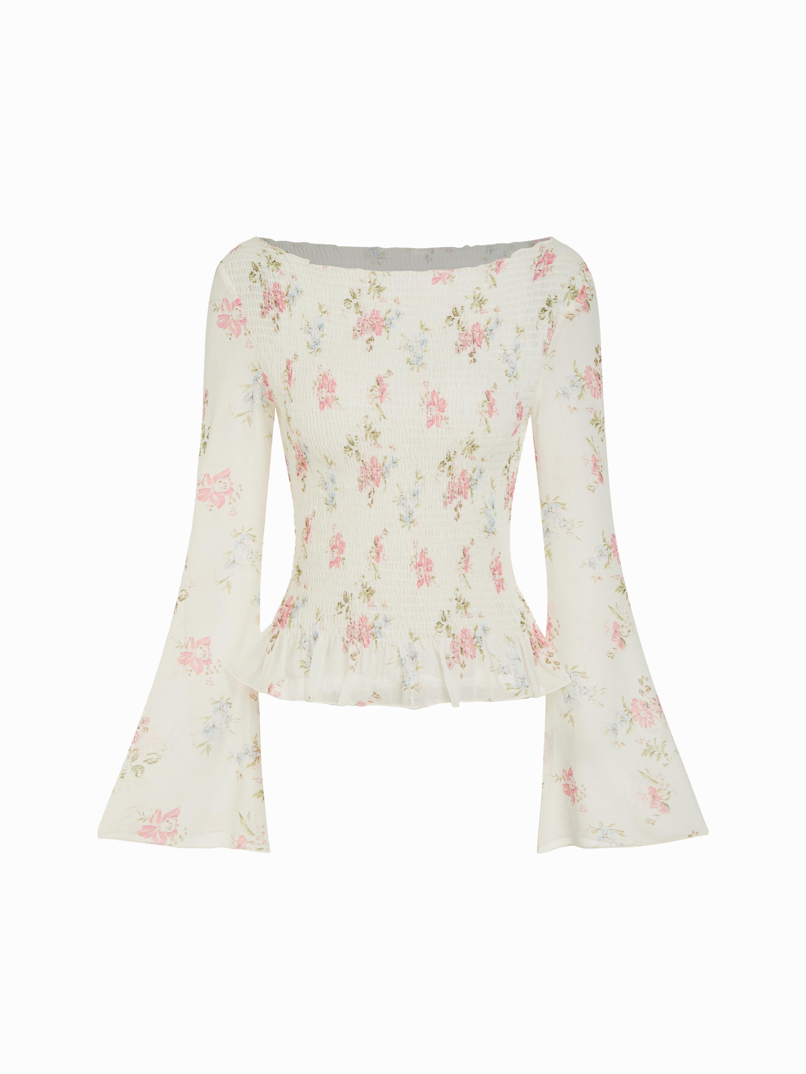Chiffon Floral Boat Neck Bell Sleeve Ruffled Top by CIDER