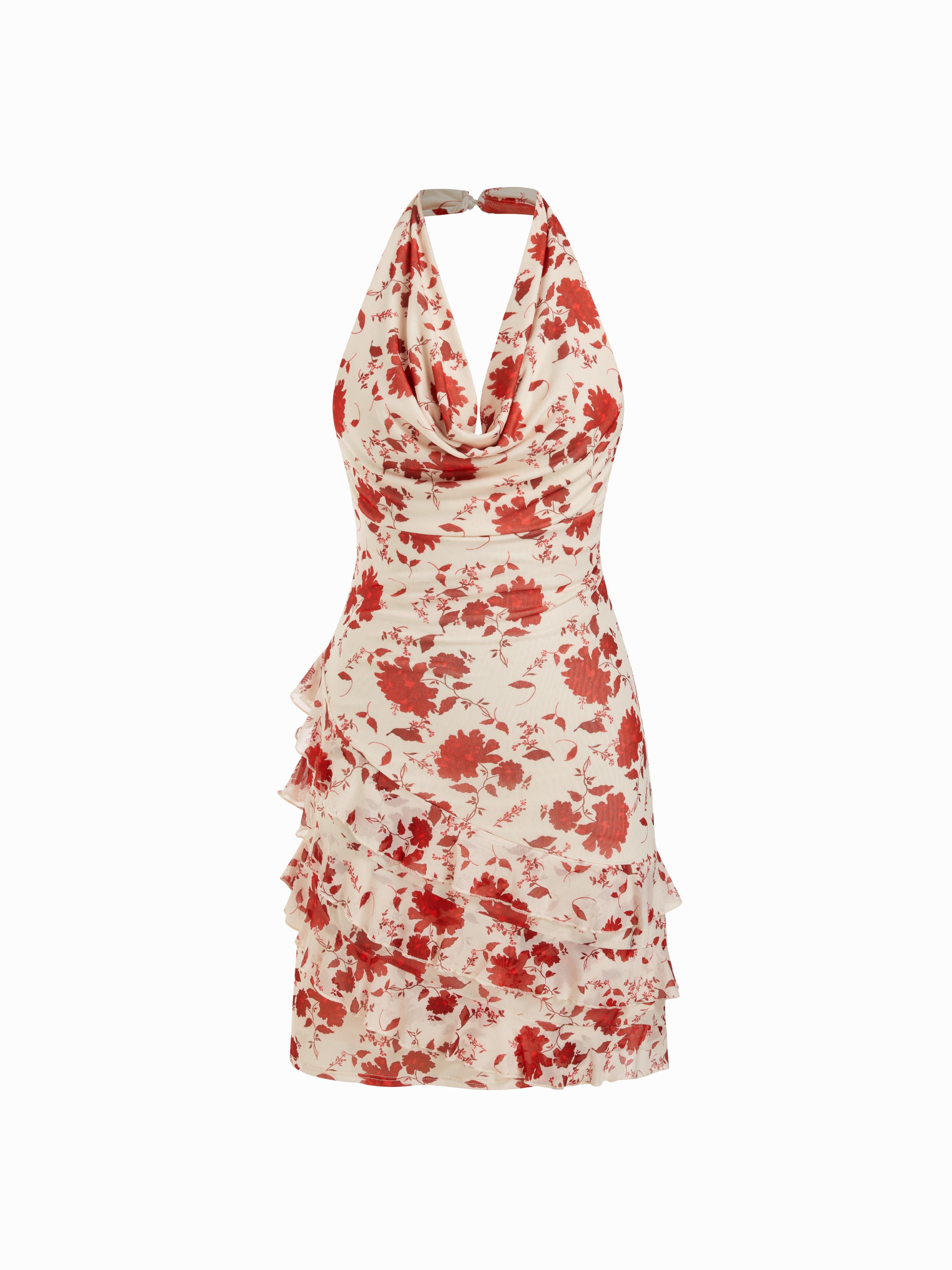 Chiffon Floral Halter Neck Tiered Mini Dress by CIDER