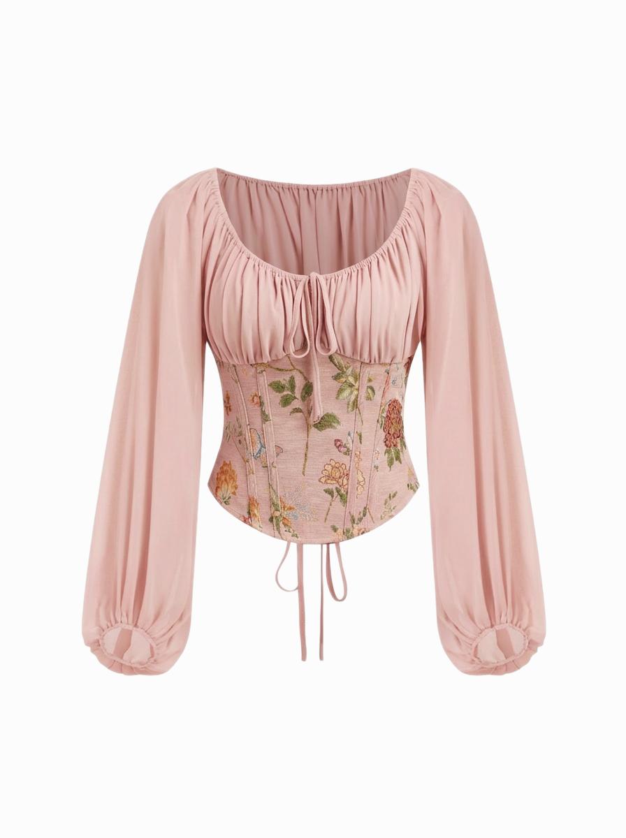 Chiffon Floral Jacquard Scoop Neckline Lantern Sleeve Drawstring Blouse by CIDER