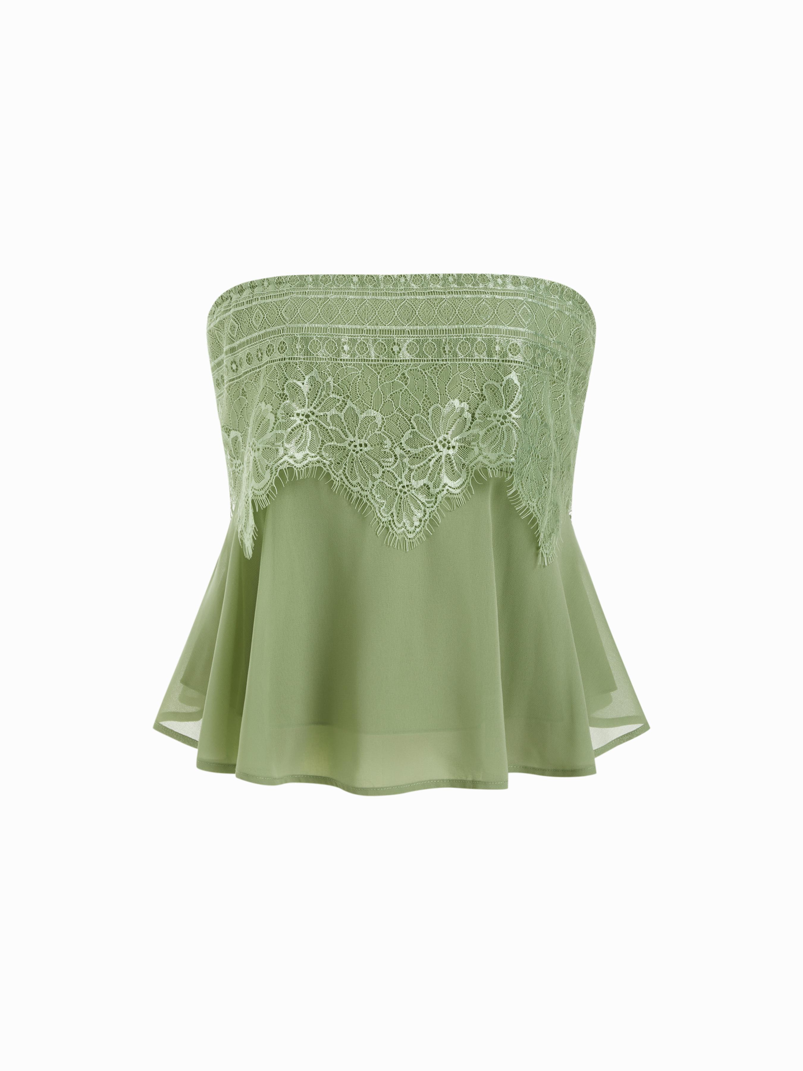Chiffon Floral Lace Shirred Cropped Bandeau Top by CIDER