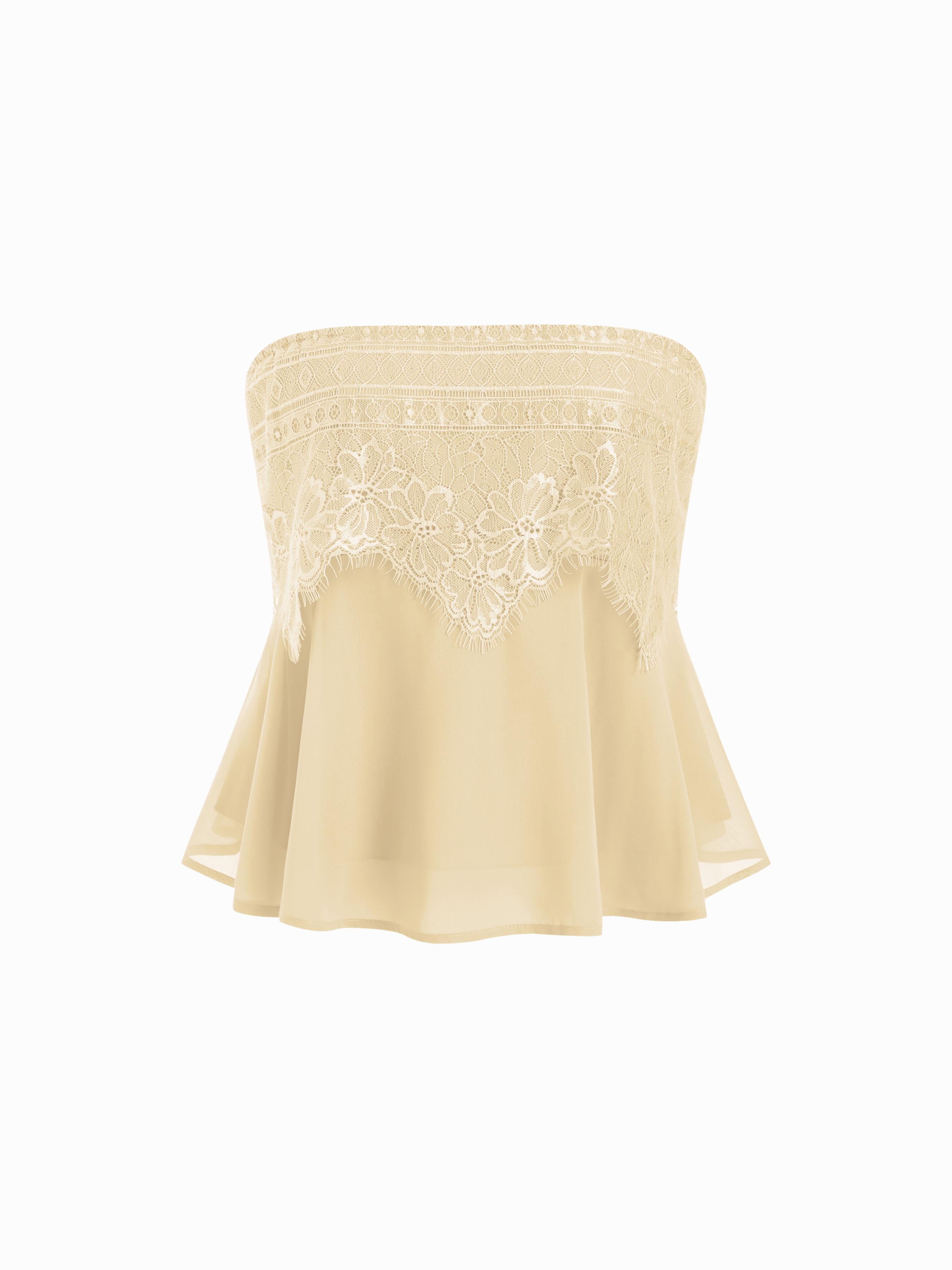 Chiffon Floral Lace Shirred Cropped Bandeau Top by CIDER