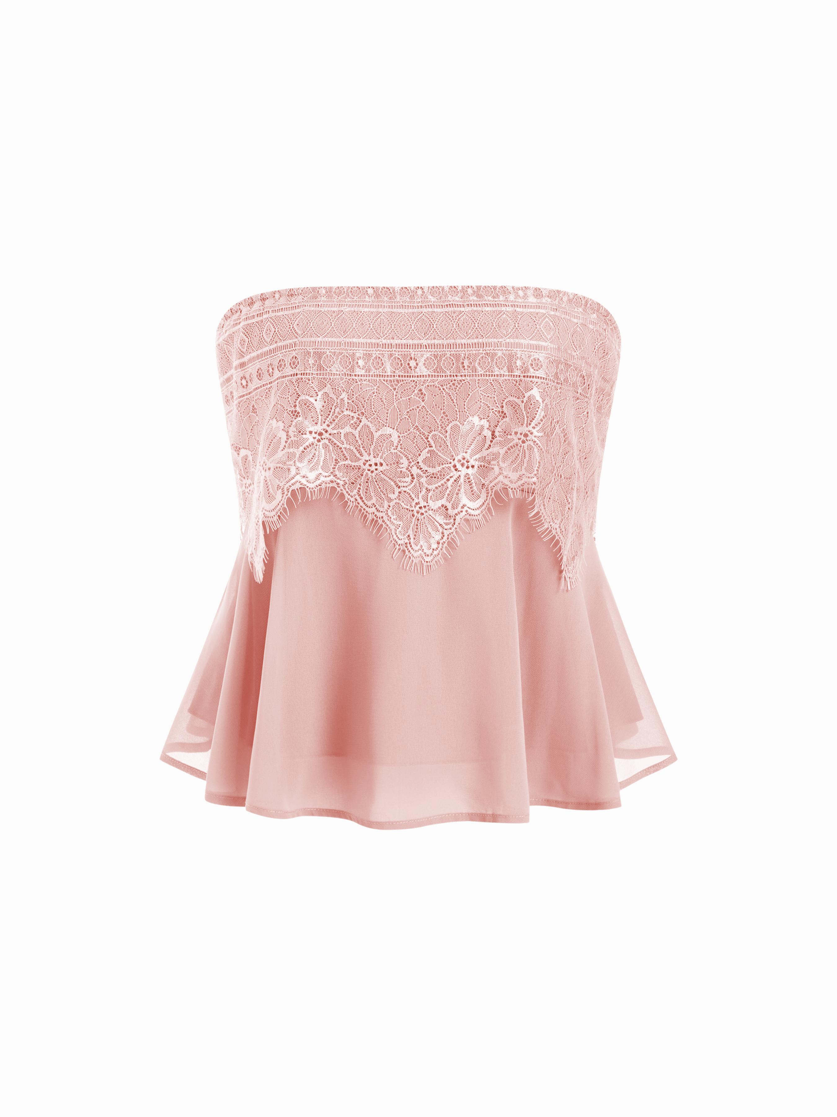 Chiffon Floral Lace Shirred Cropped Bandeau Top by CIDER