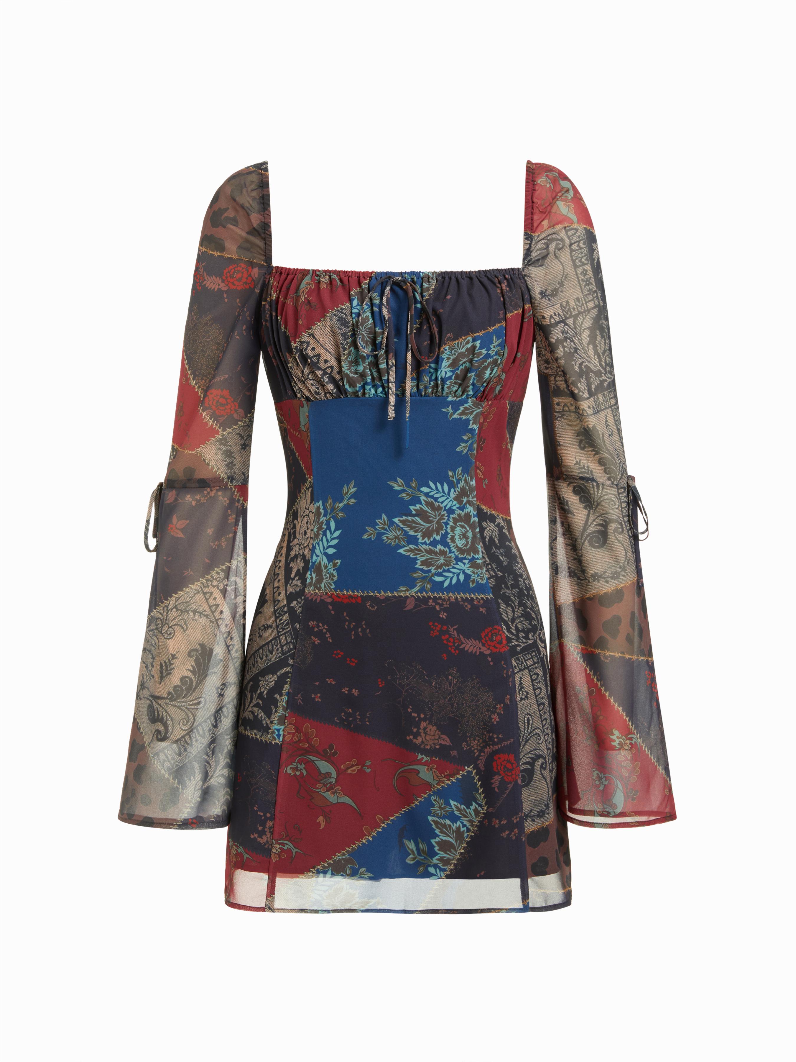 Chiffon Floral Square Neck Drawstring Bell Sleeve Mini Dress by CIDER