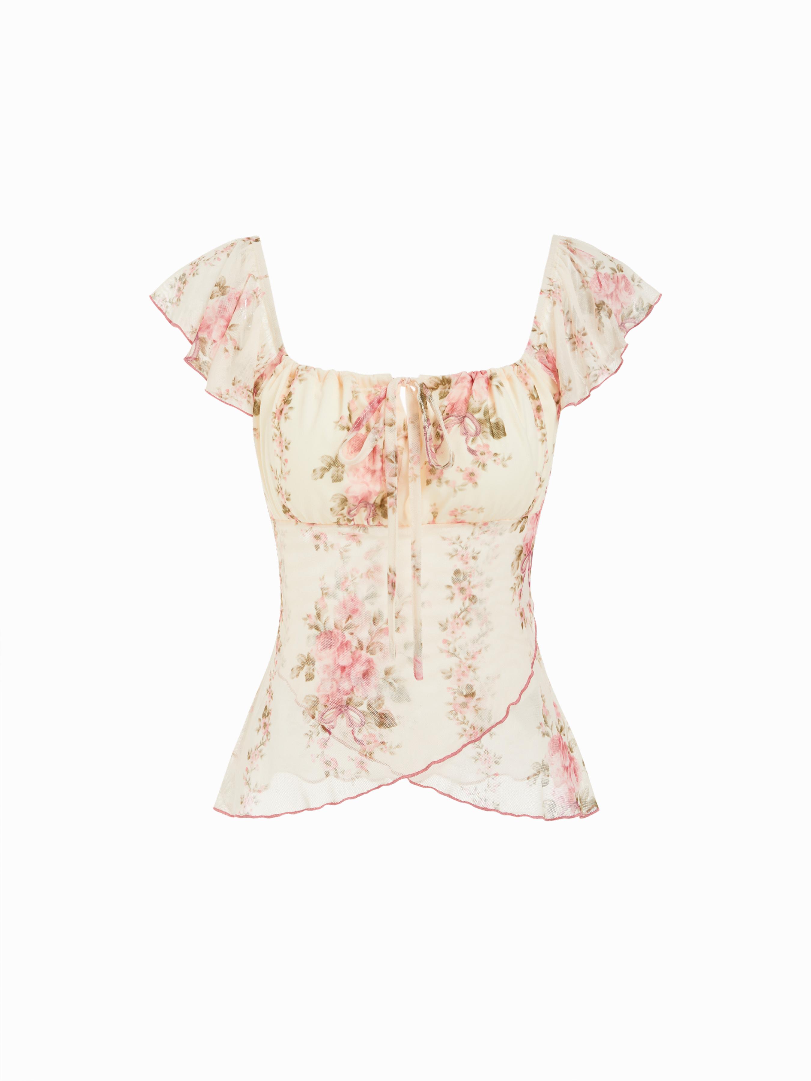 Chiffon Floral Square Neck Twist Knotted Ruffle Sleeve Crop Top by CIDER