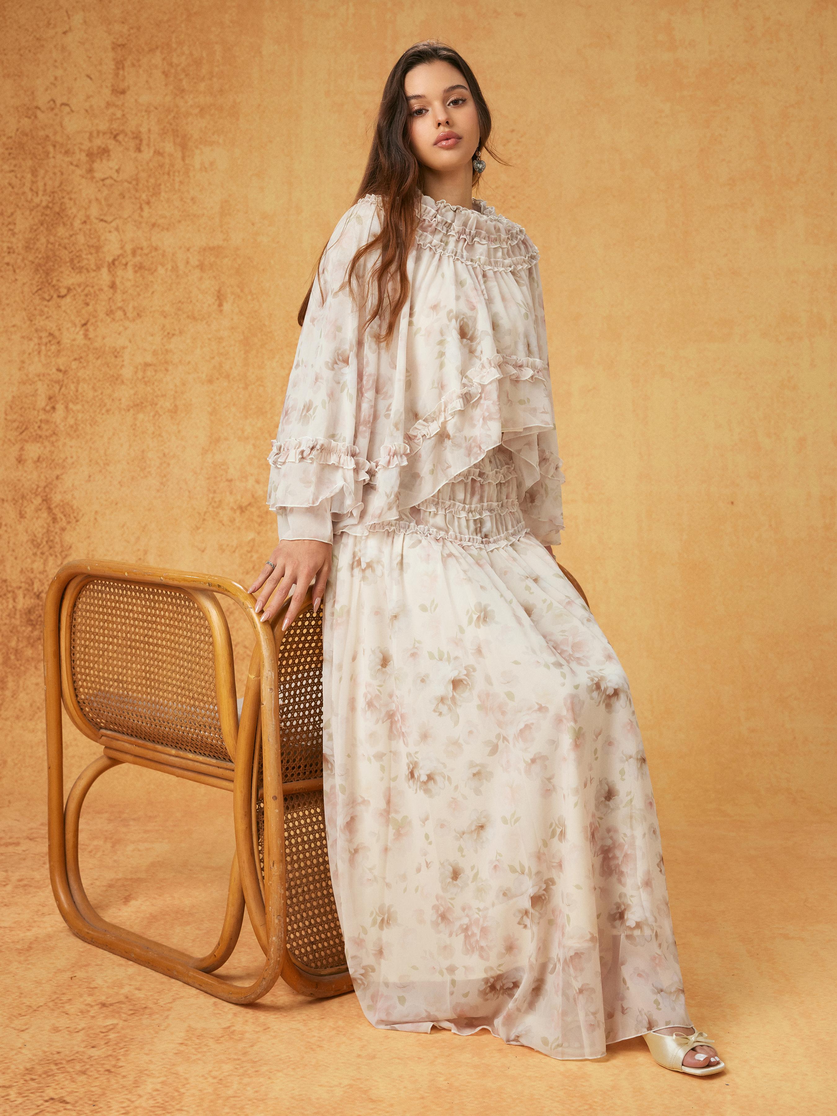 Chiffon Floral Stand Collar Oversized Cropped Top & Mid Rise Ruffled Maxi Skirt Set by CIDER
