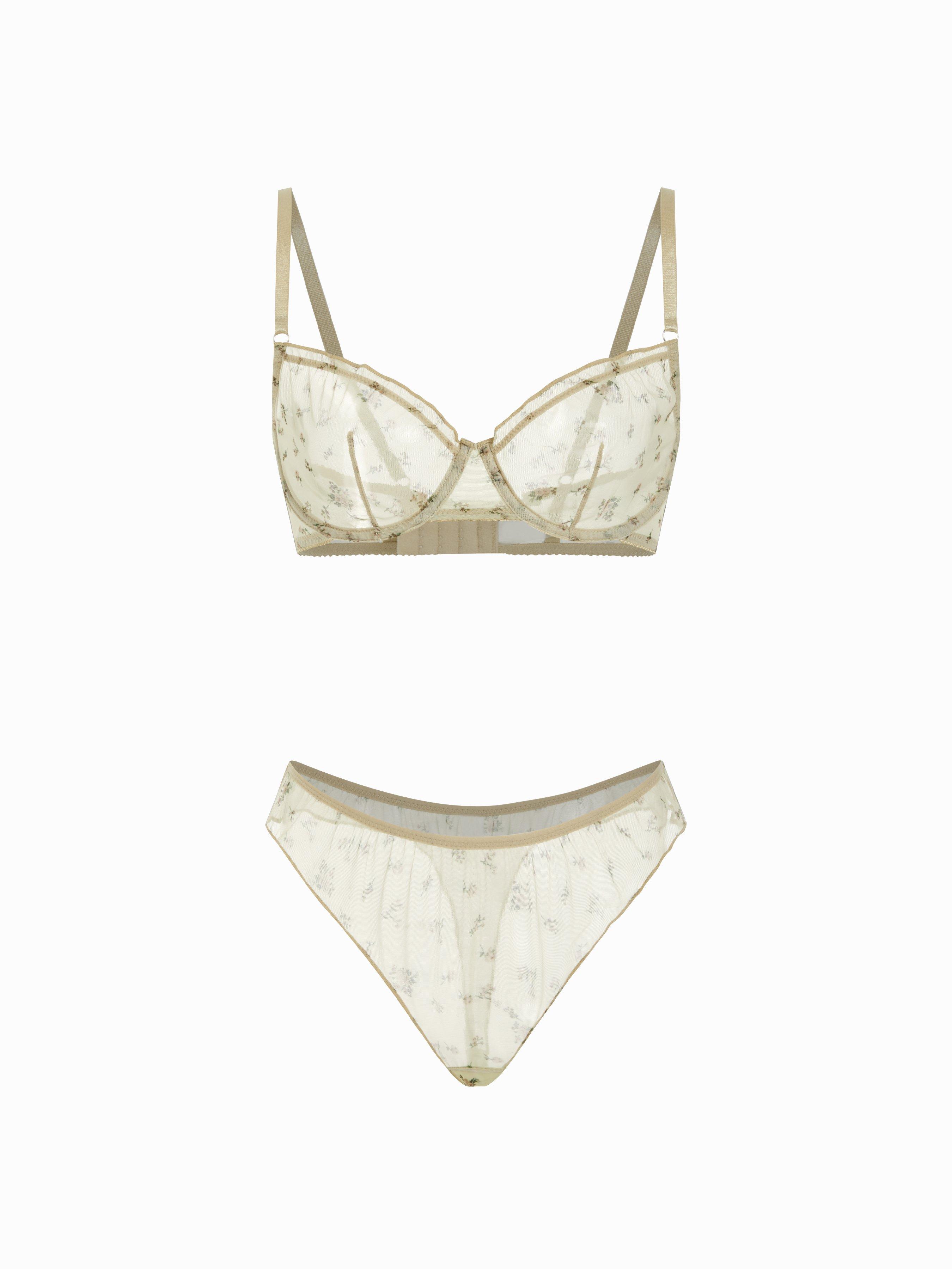 Chiffon Floral Sweetheart Lettuce Trim Mid Rise Lingerie Set by CIDER