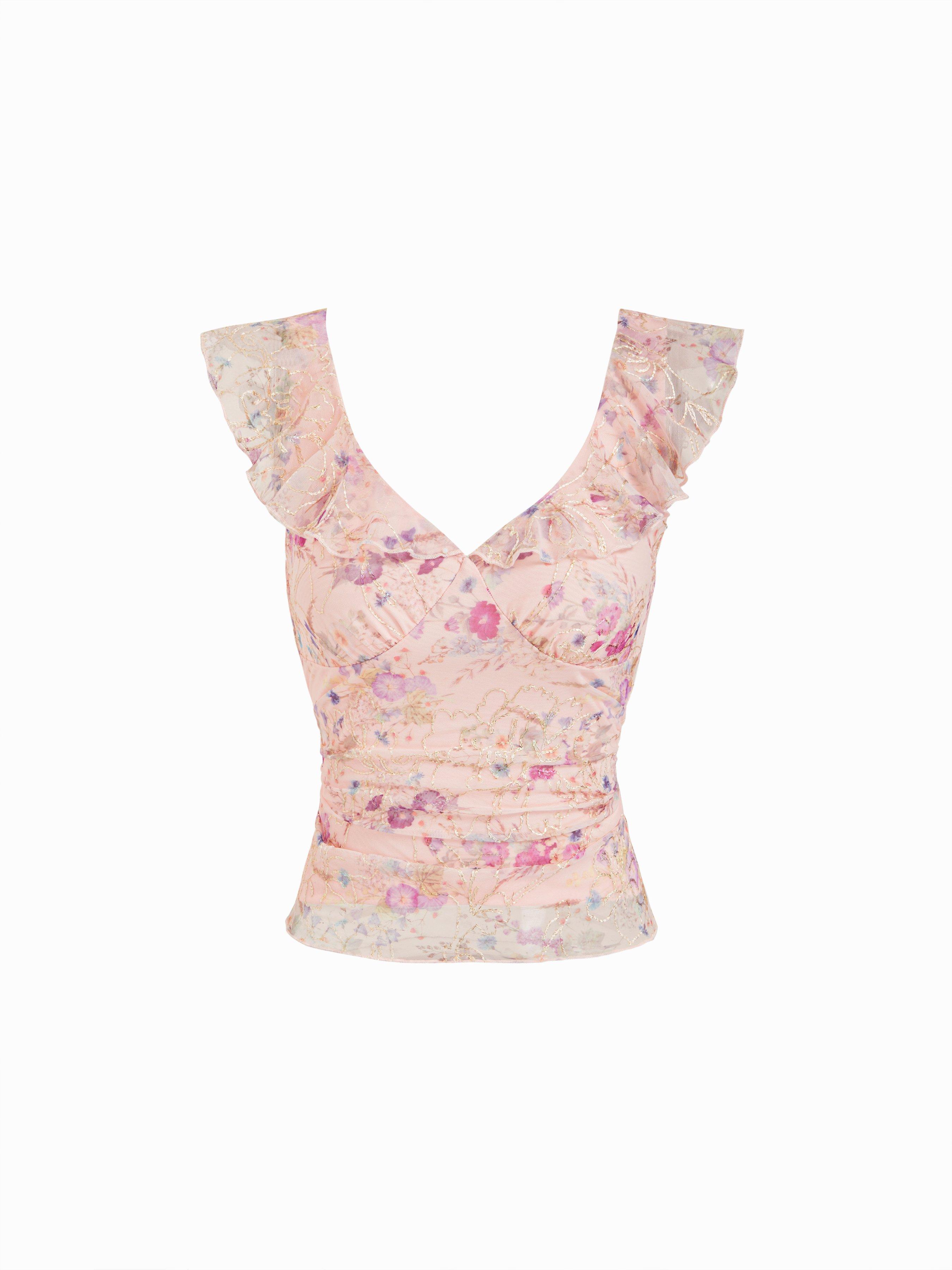 Chiffon Floral V-Neck Ruffle Sleeve Blouse by CIDER