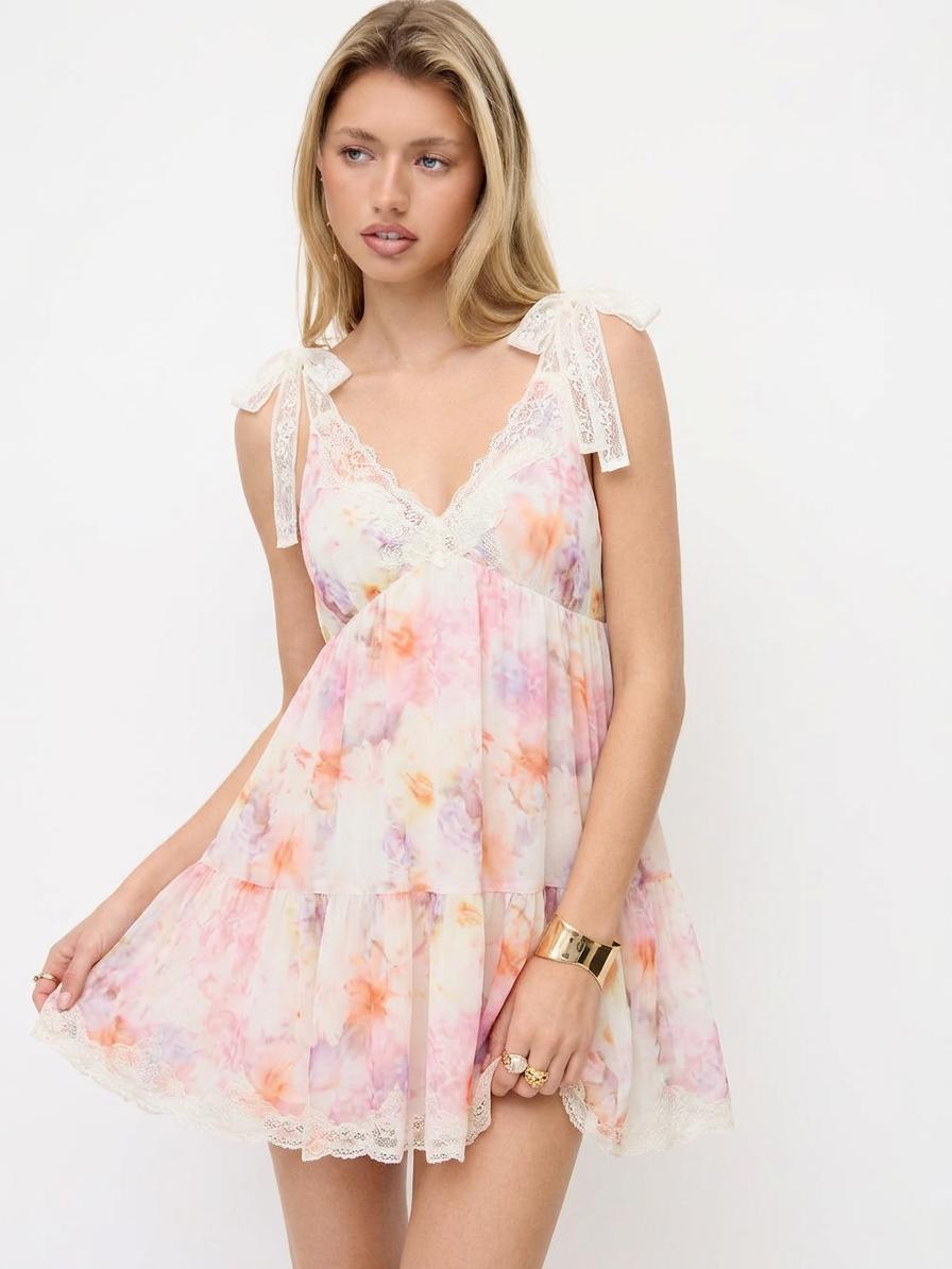 Chiffon Floral V-neck Lace Trim Tie Strap A-line Mini Dress by CIDER