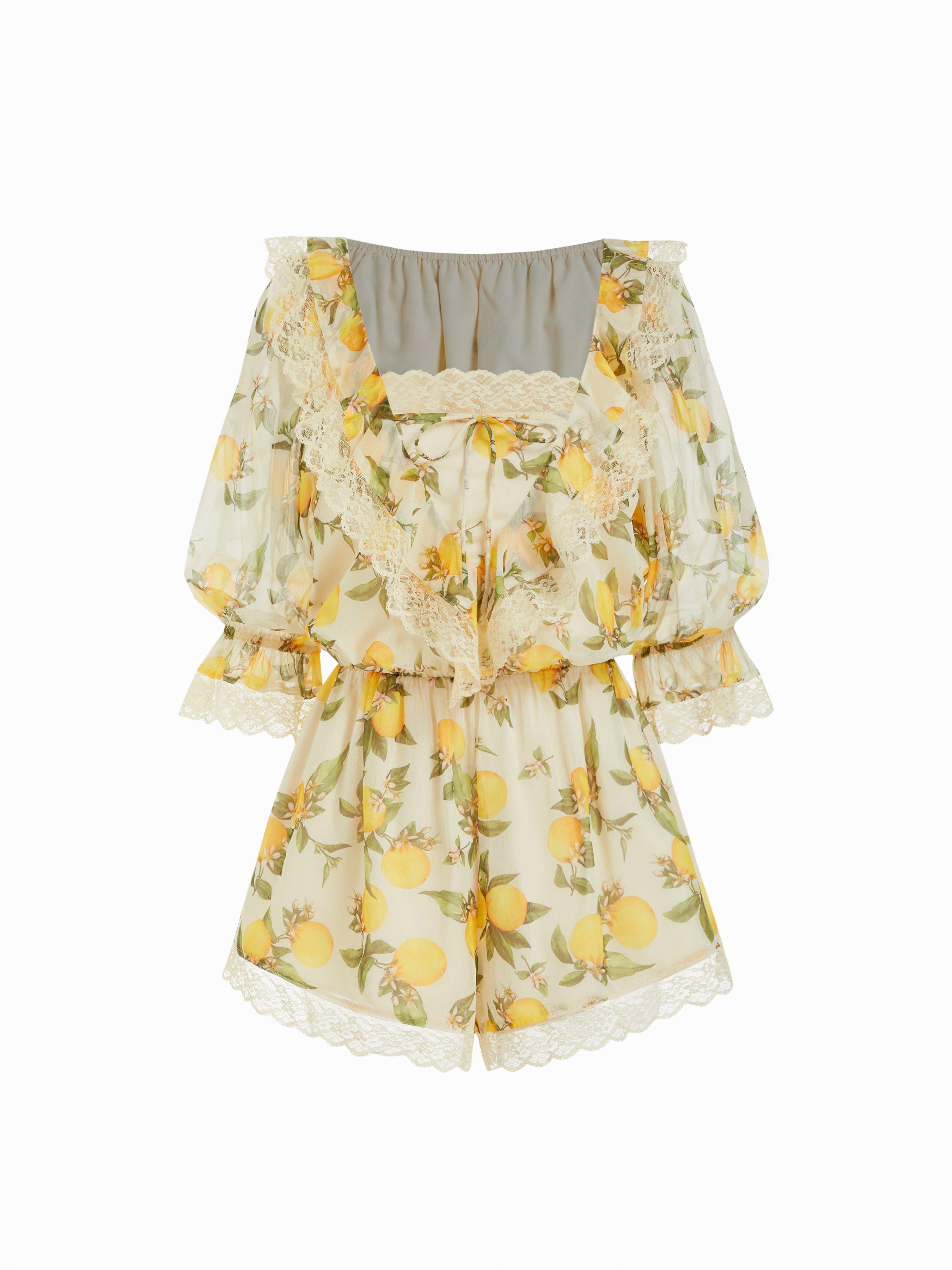 Chiffon Fruit Graphic Square Neck Lantern Sleeve Lace Romper by CIDER