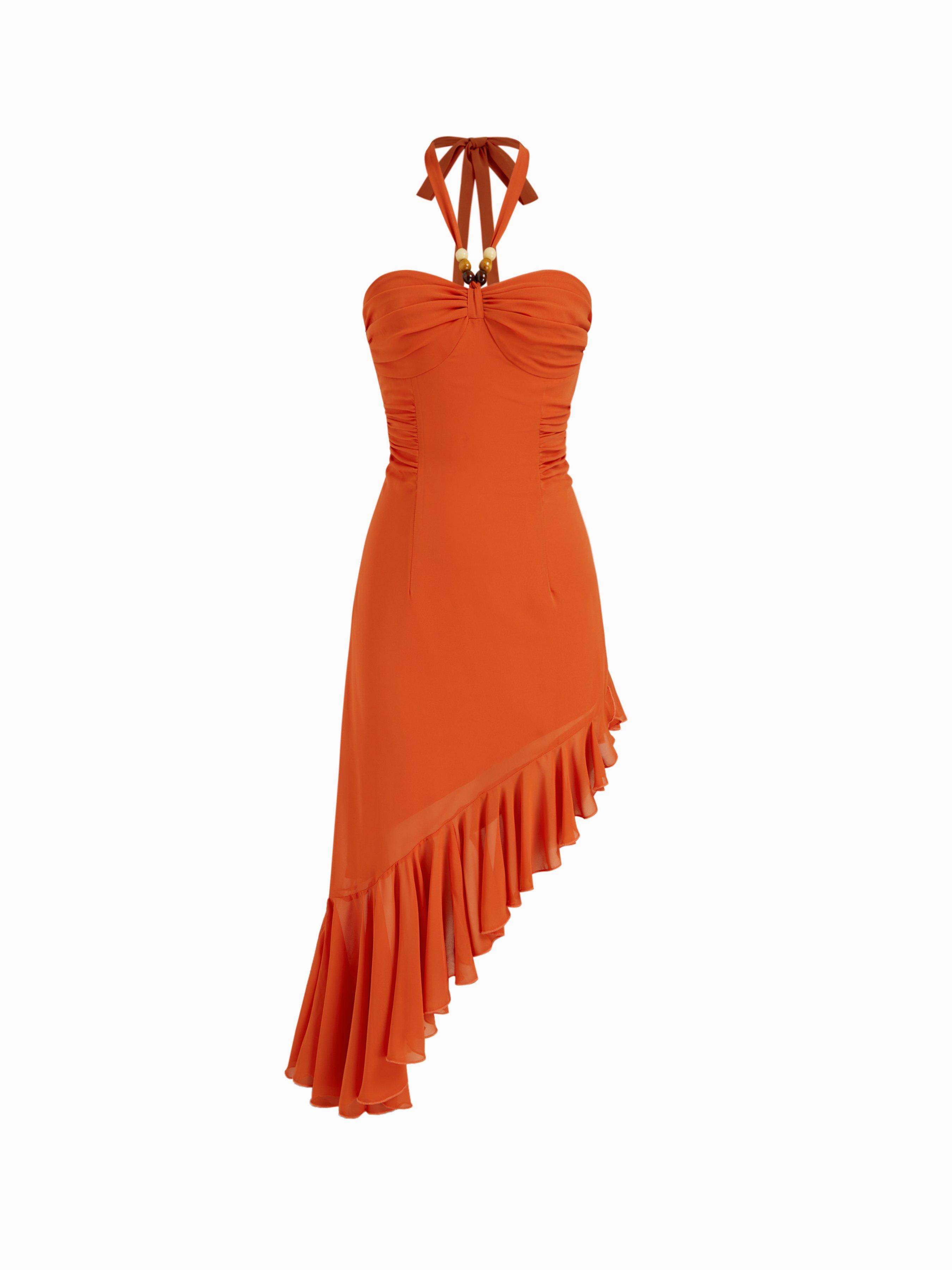 Chiffon Halter Neckline Beaded Ruched Asymmetrical Ruffle Hem A-line Maxi Dress by CIDER