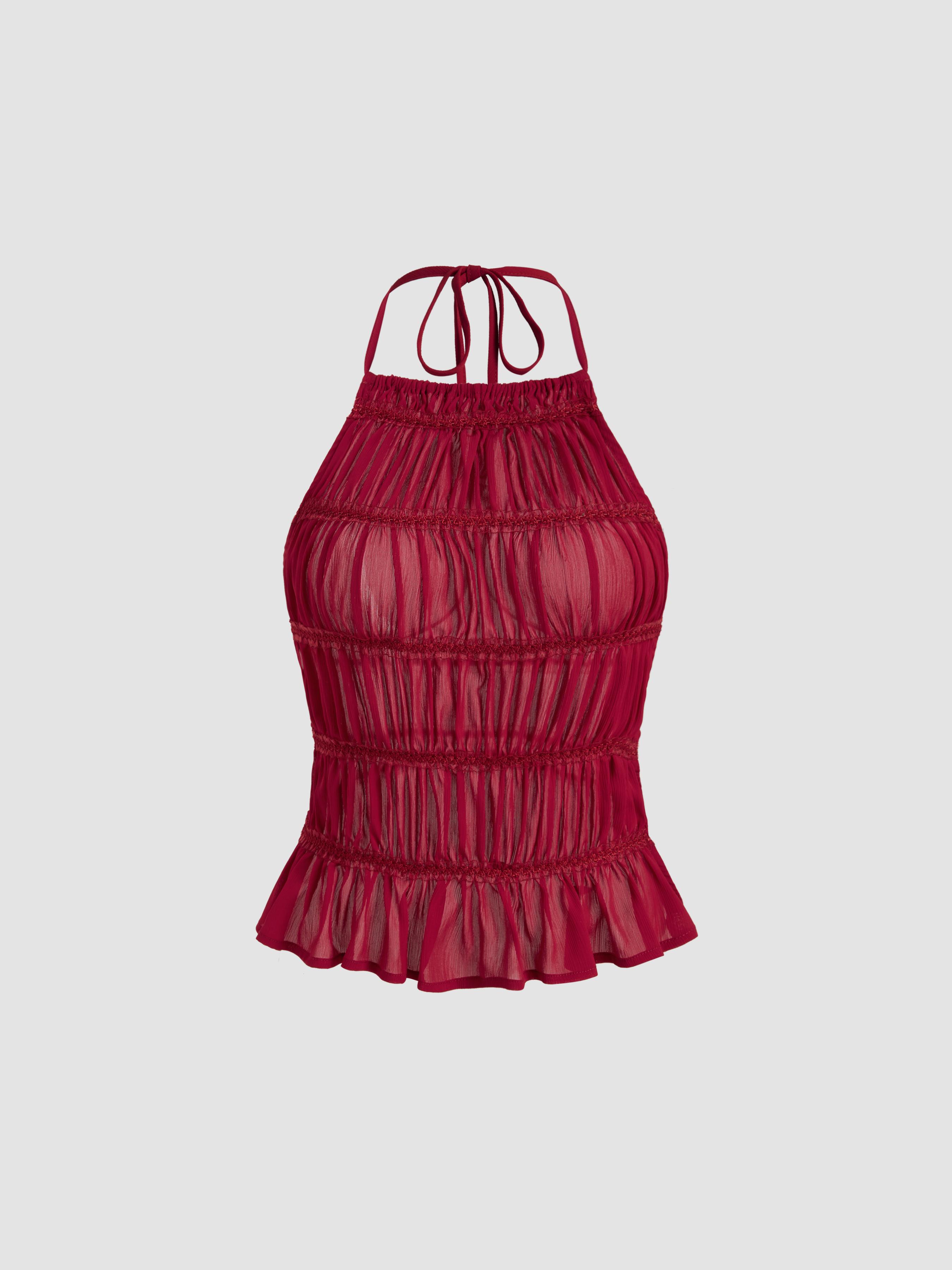 Chiffon Halter Neckline Knotted Ruched Backless Top by CIDER