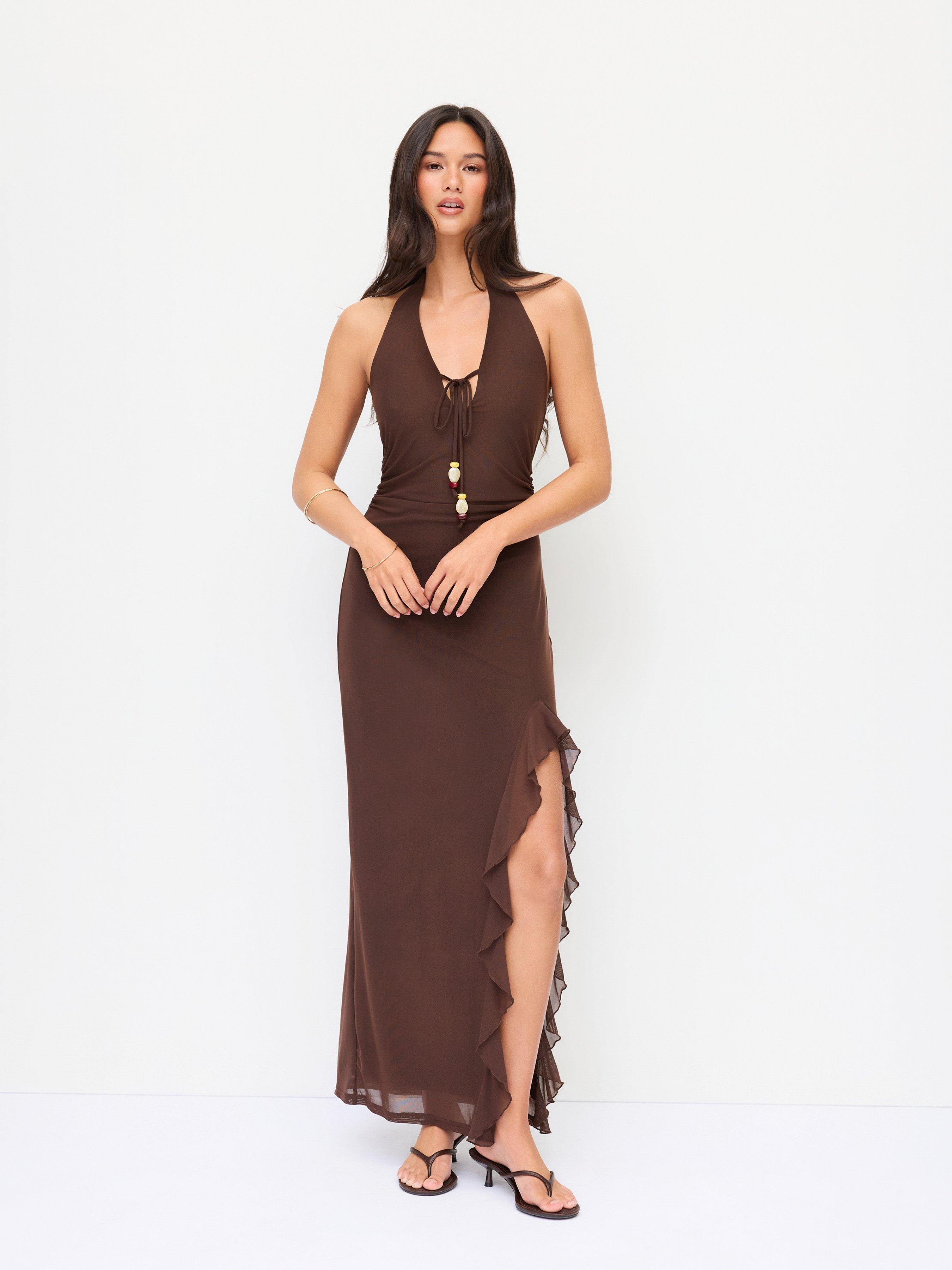 Chiffon Halter Neckline Knotted Ruffled Straight Maxi Dress by CIDER
