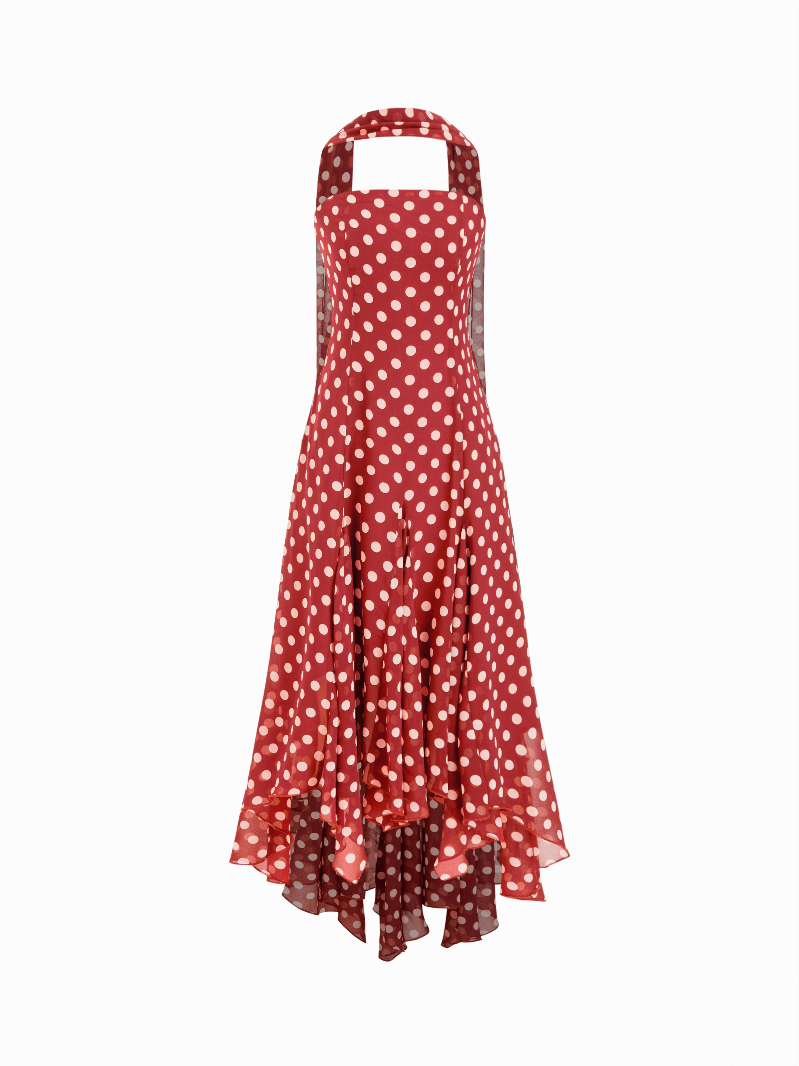 Chiffon Halter Neckline Polka Dot Ruffled Hem Ruched Maxi Dress by CIDER